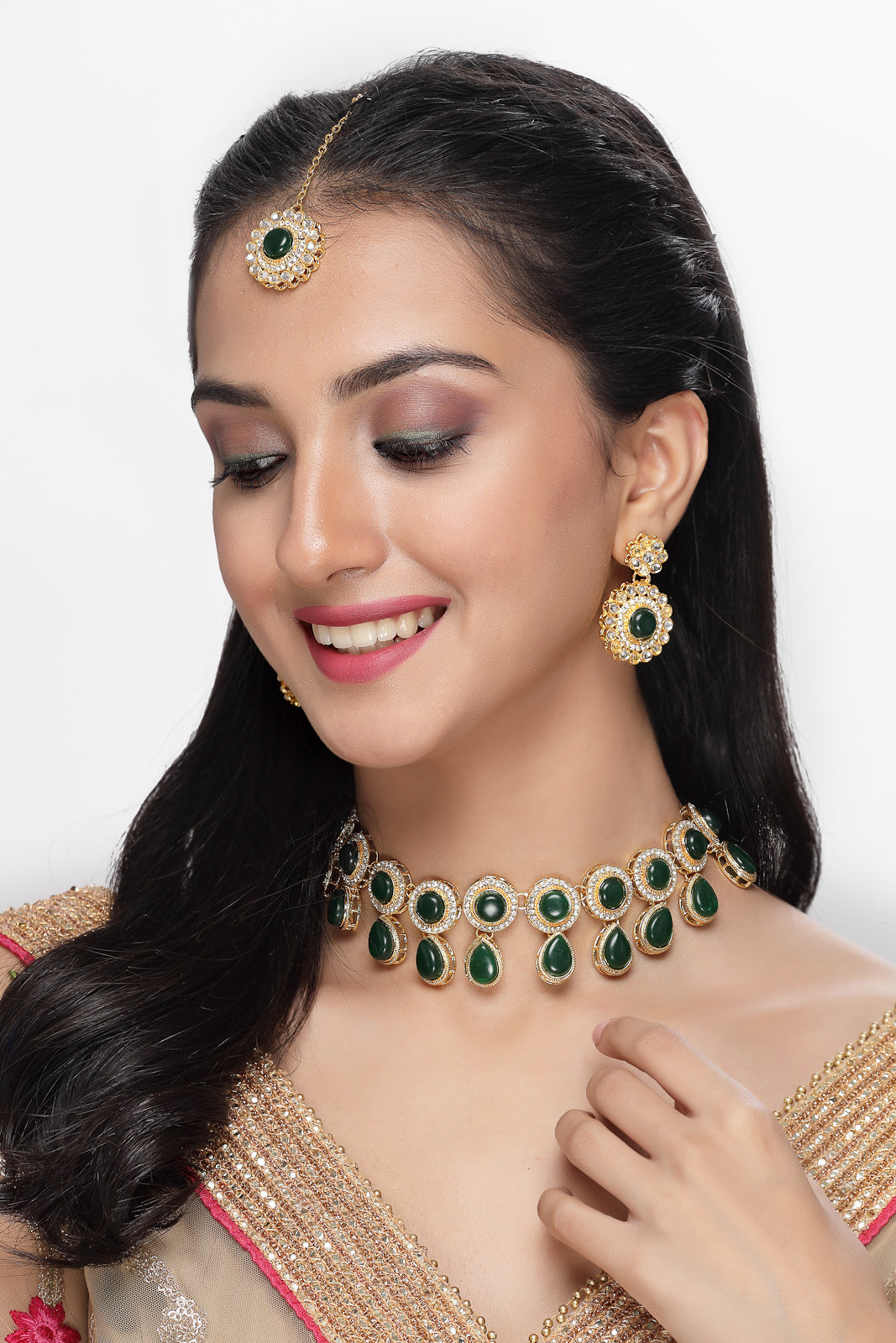 Sukkhi Bewitching Drop Shaped AD Green Stones Collar Bone Necklace Set With Earring And Maangtika | Jewellery Set For Women (NS105614)