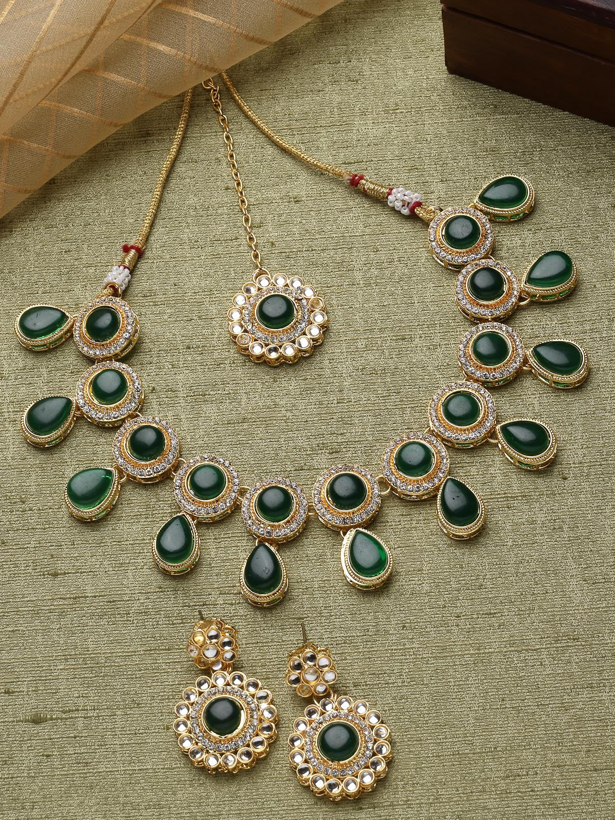 Sukkhi Bewitching Drop Shaped AD Green Stones Collar Bone Necklace Set With Earring And Maangtika | Jewellery Set For Women (NS105614)