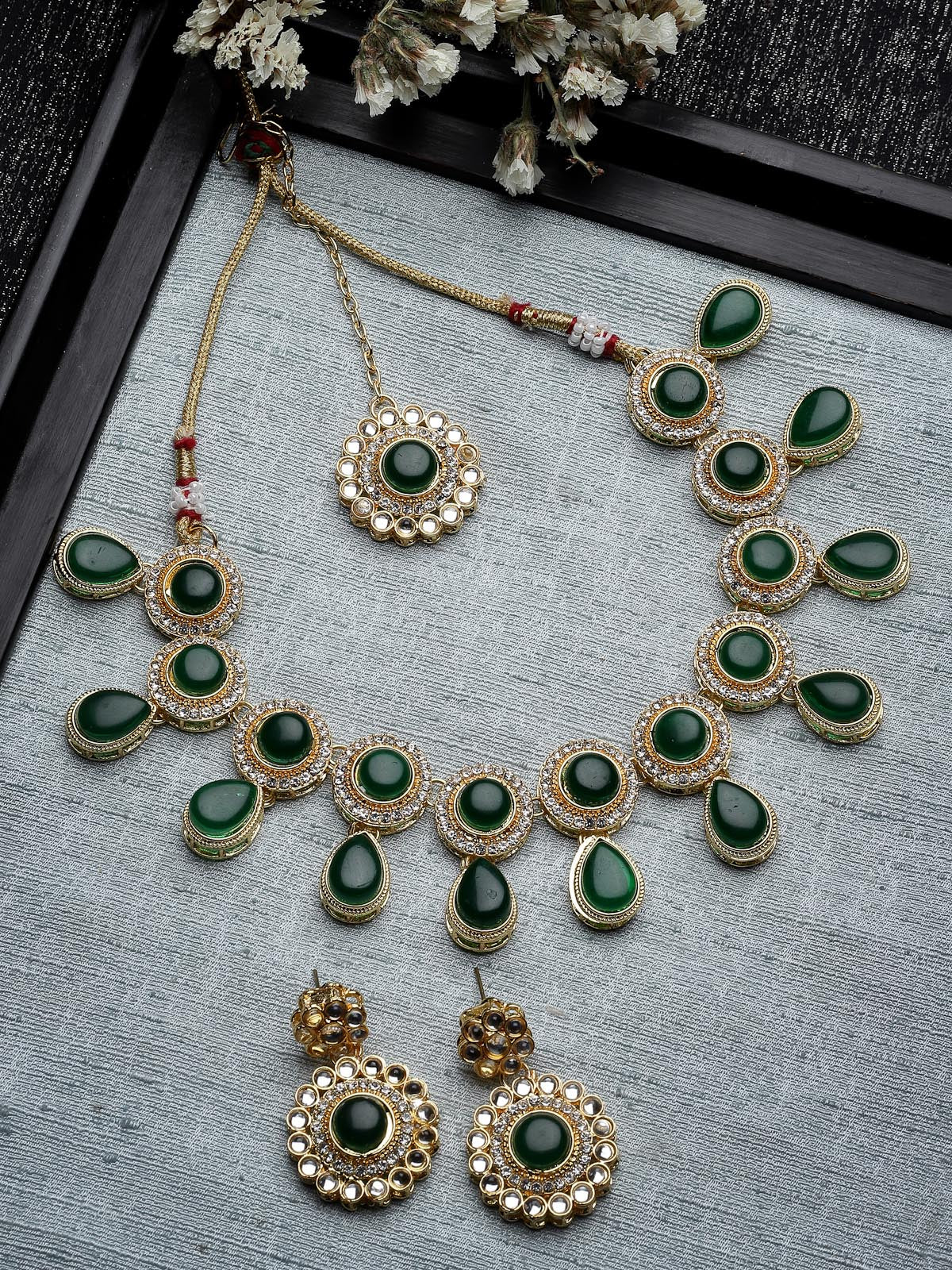 Sukkhi Bewitching Drop Shaped AD Green Stones Collar Bone Necklace Set With Earring And Maangtika | Jewellery Set For Women (NS105614)