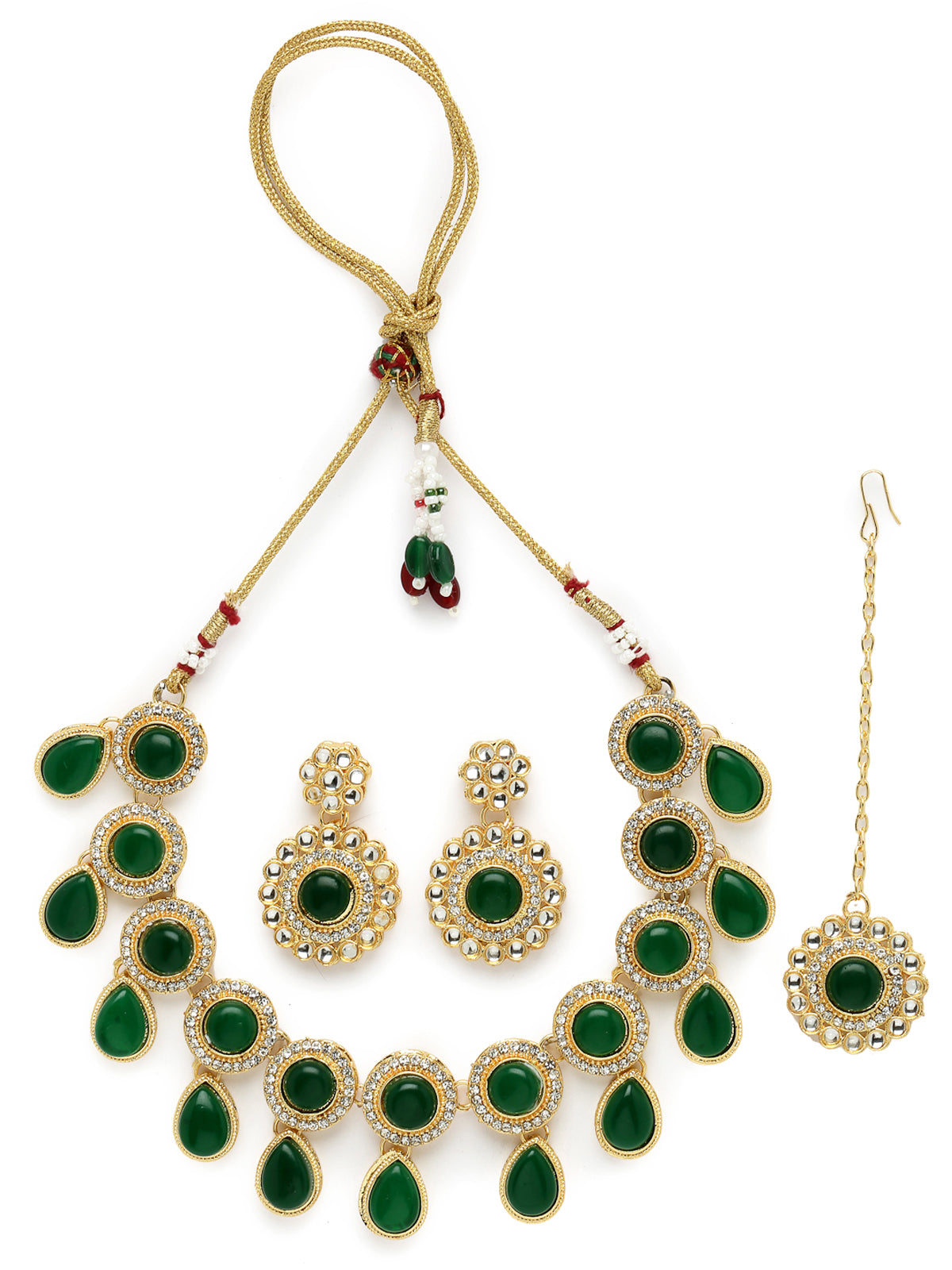 Sukkhi Bewitching Drop Shaped AD Green Stones Collar Bone Necklace Set With Earring And Maangtika | Jewellery Set For Women (NS105614)
