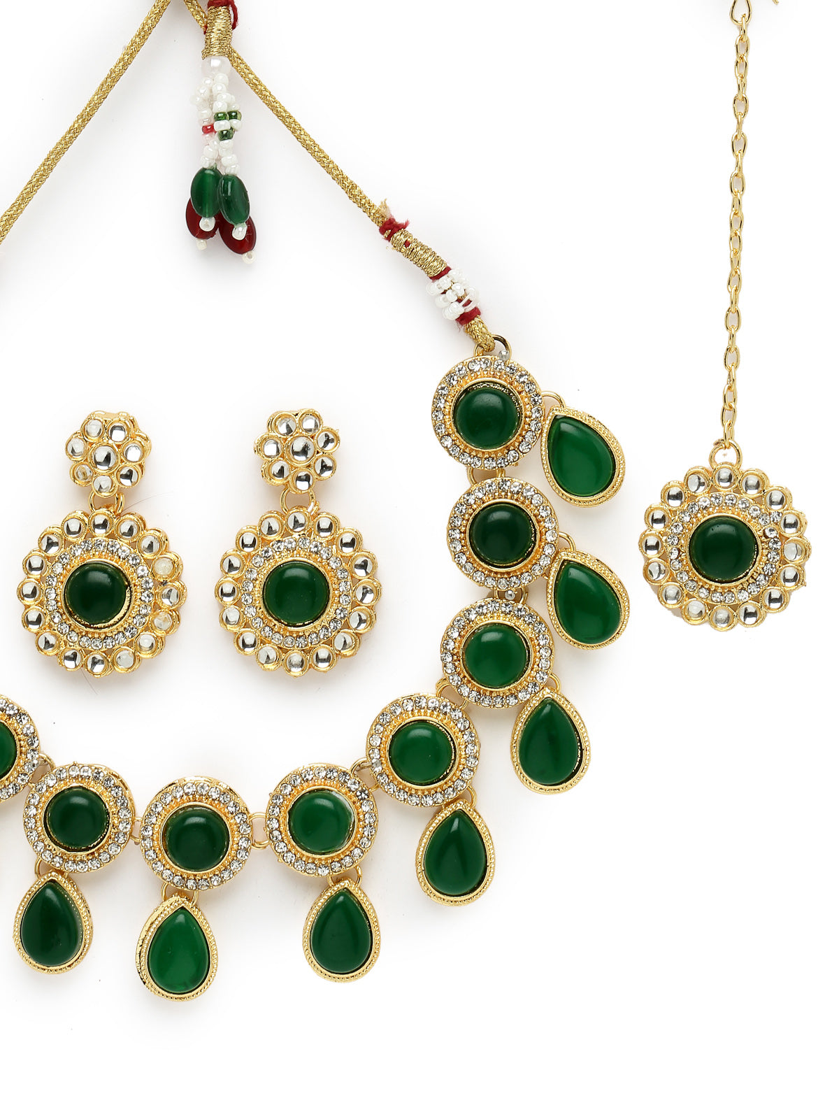 Sukkhi Bewitching Drop Shaped AD Green Stones Collar Bone Necklace Set With Earring And Maangtika | Jewellery Set For Women (NS105614)