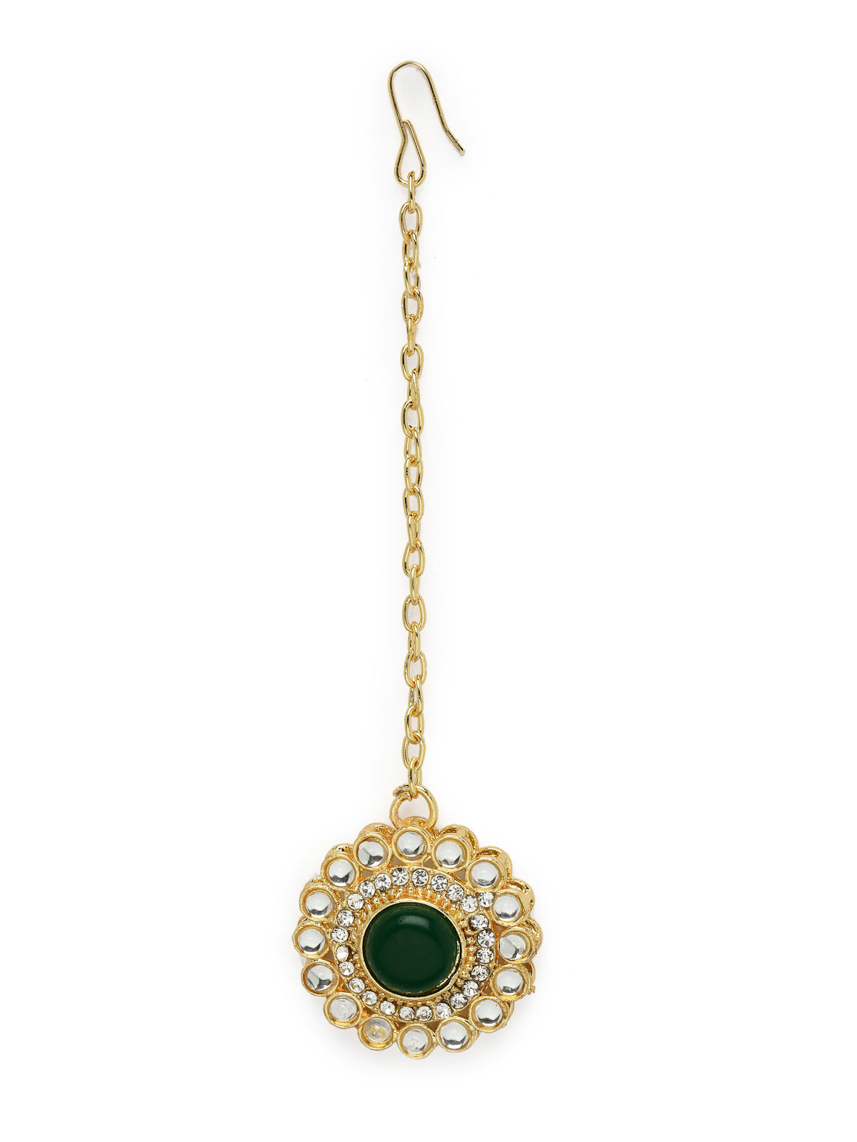 Sukkhi Bewitching Drop Shaped AD Green Stones Collar Bone Necklace Set With Earring And Maangtika | Jewellery Set For Women (NS105614)