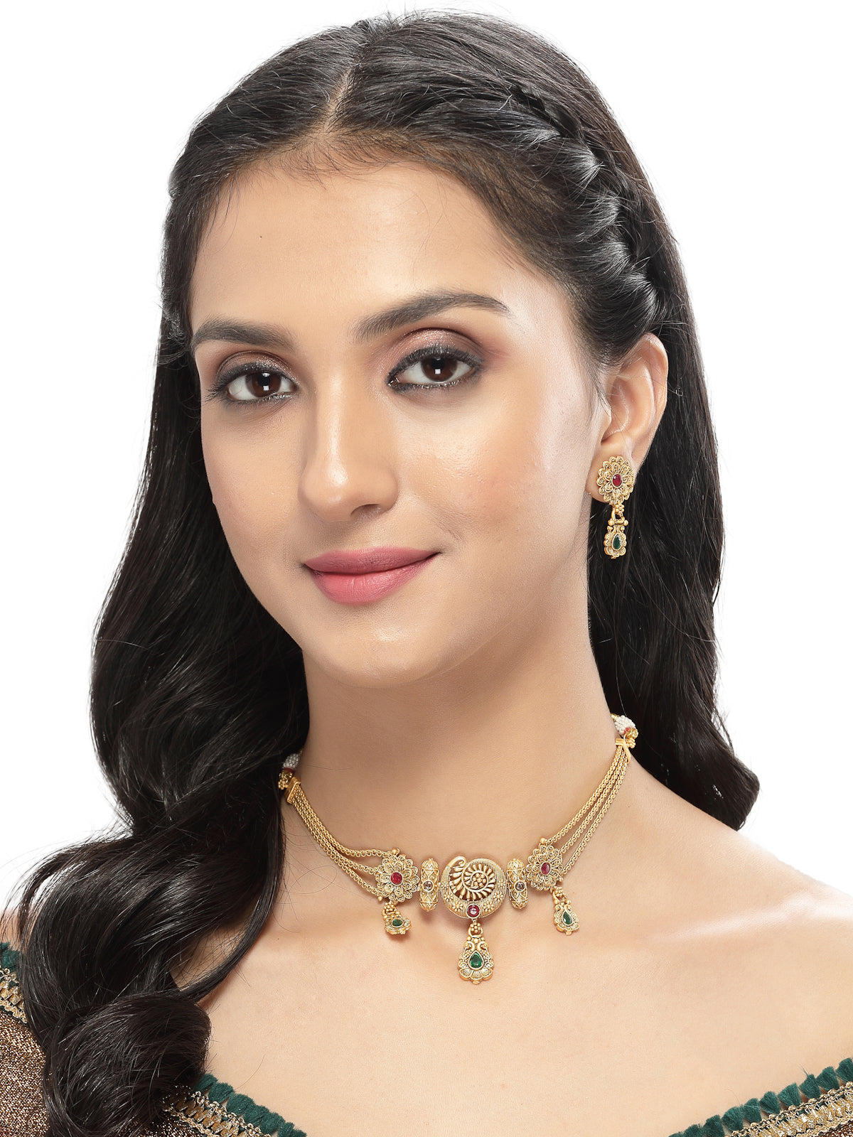 Sukkhi Arresting Gold Plated Gold Beads Copper Choker Necklace Set With Studs Earring | Jewellery Set For Women (NS105615)