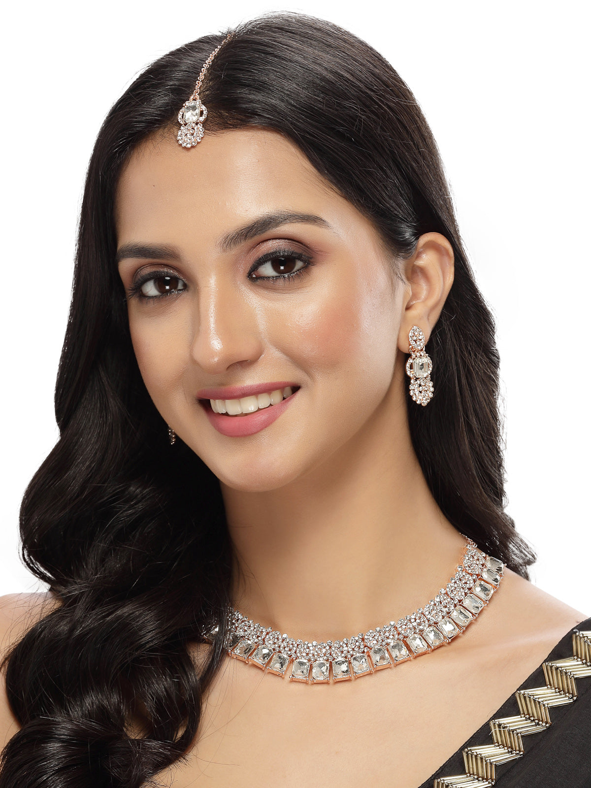 Sukkhi Tasteful Rose Gold AD White Stones Collar Bone Necklace Set With Earring And Maangtika | Jewellery Set For Women (NS105619)