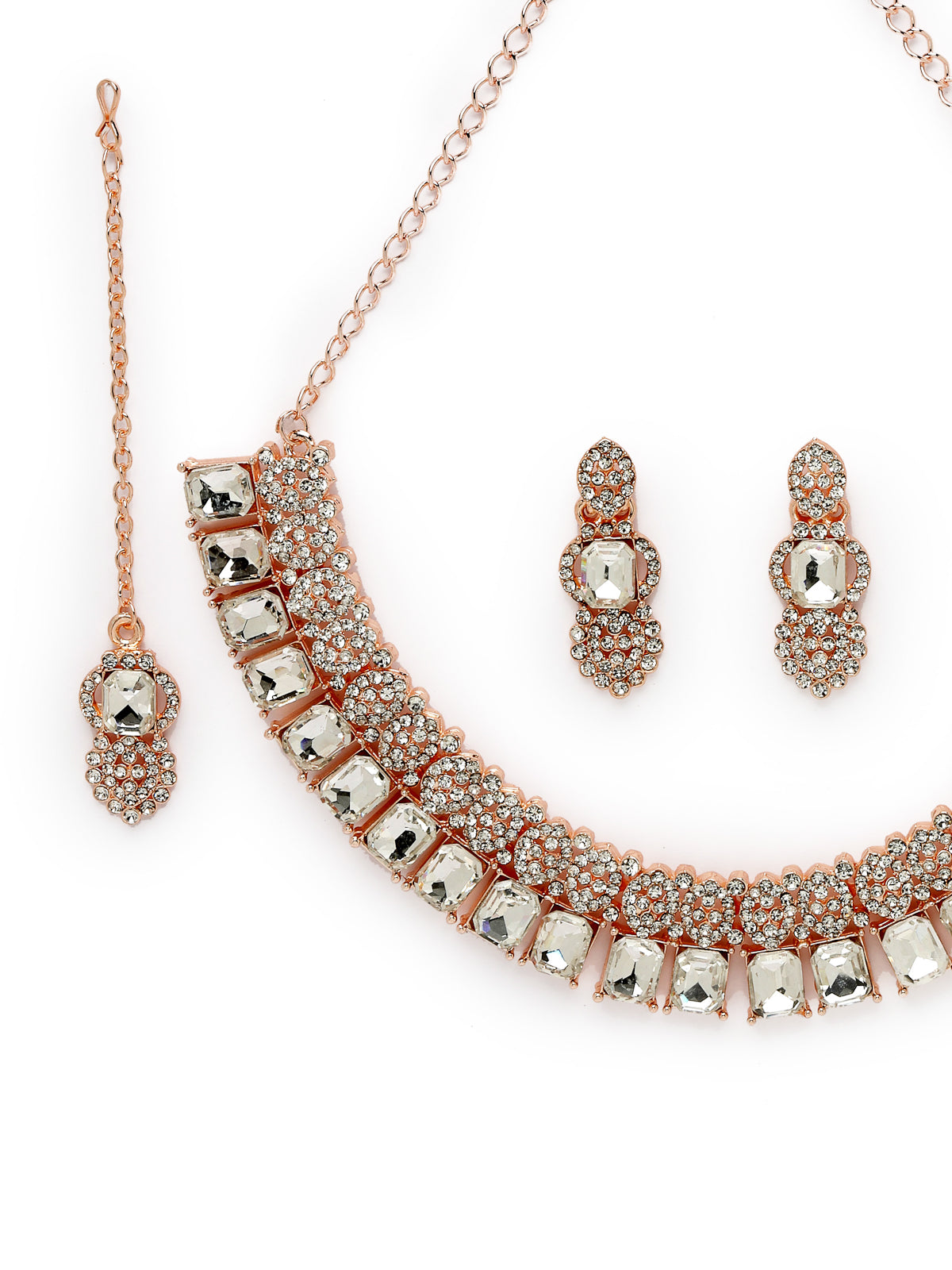 Sukkhi Tasteful Rose Gold AD White Stones Collar Bone Necklace Set With Earring And Maangtika | Jewellery Set For Women (NS105619)
