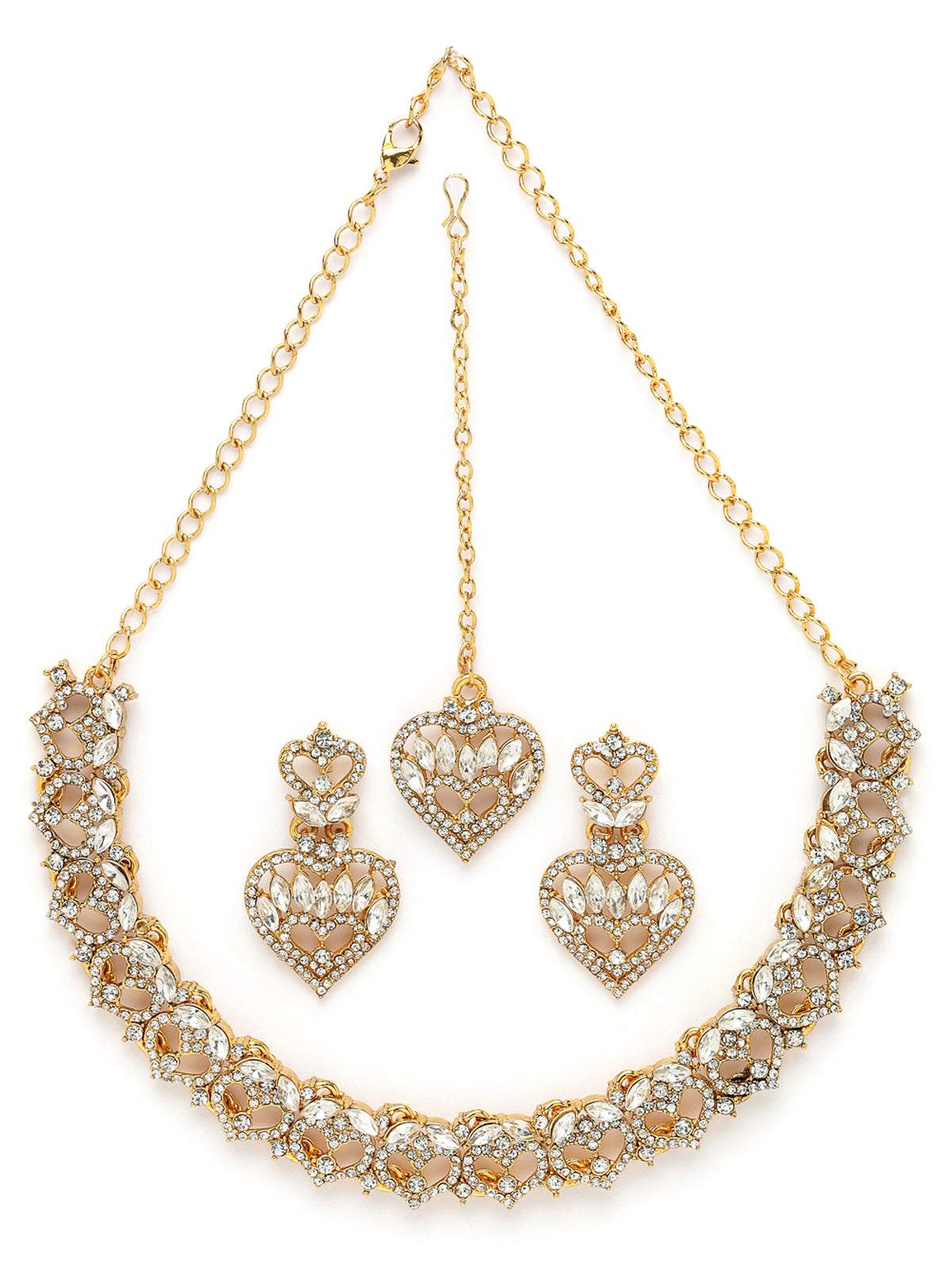 Sukkhi Wonderful Gold Plated AD White Stone Collar Bone Necklace Set With Earring And Maangtika | Jewellery Set For Women (NS105620)