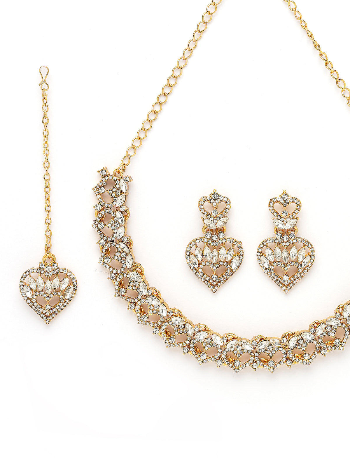 Sukkhi Wonderful Gold Plated AD White Stone Collar Bone Necklace Set With Earring And Maangtika | Jewellery Set For Women (NS105620)