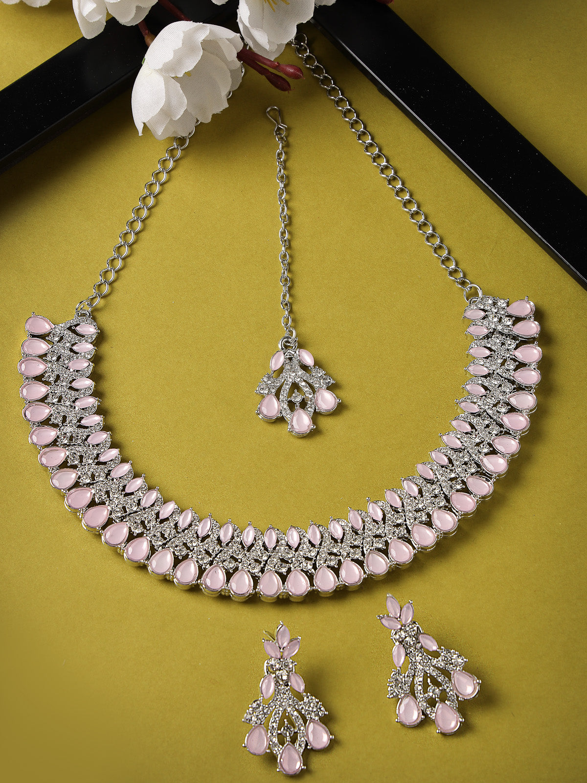 Sukkhi Exquisite Rhodium Plated Pink AD White Stone Collar Bone Necklace Set With Earring And Maangtika | Jewellery Set For Women (NS105621)