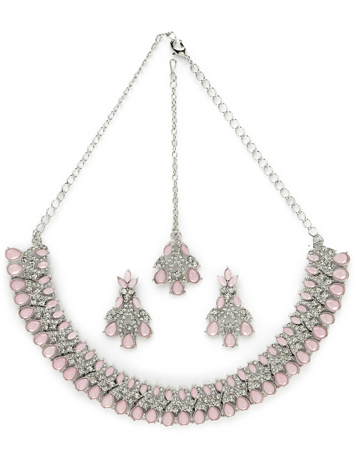 Sukkhi Exquisite Rhodium Plated Pink AD White Stone Collar Bone Necklace Set With Earring And Maangtika | Jewellery Set For Women (NS105621)