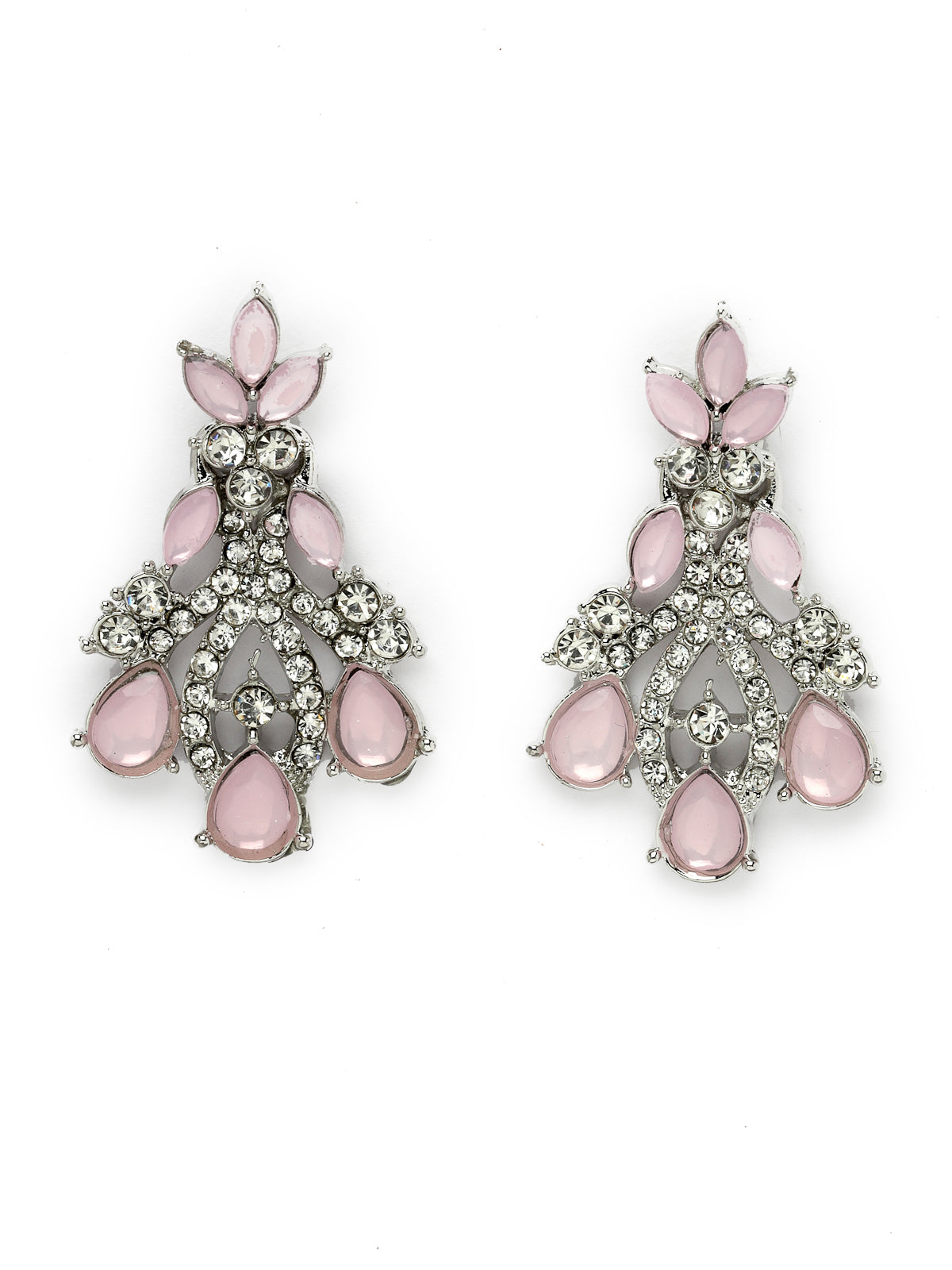 Sukkhi Exquisite Rhodium Plated Pink AD White Stone Collar Bone Necklace Set With Earring And Maangtika | Jewellery Set For Women (NS105621)