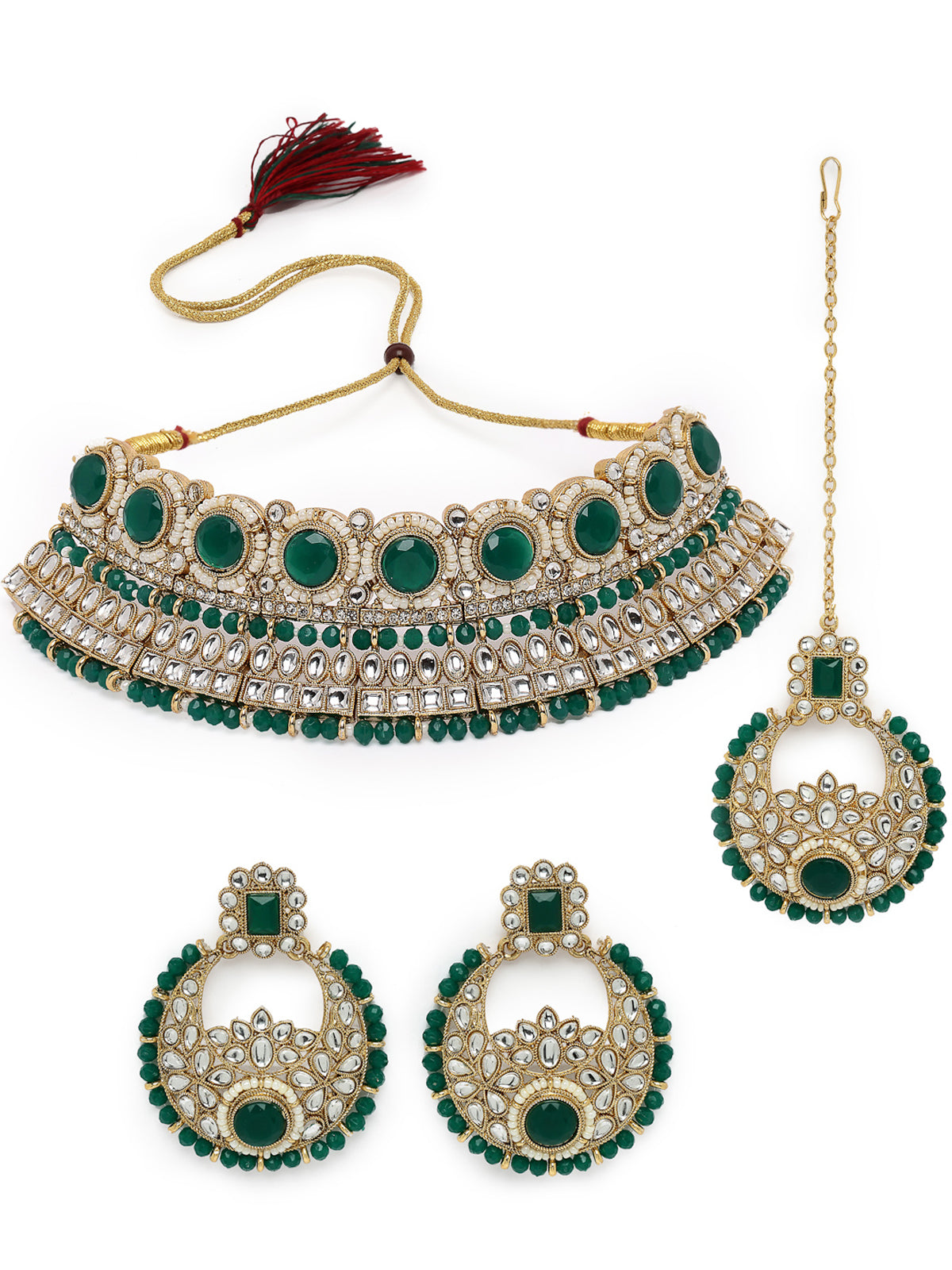 Sukkhi Fashion-Forward Gold Plated Green Kundan & Beads Choker Necklace Set With Earring And Maangtika | Jewellery Set For Women (NS105626)