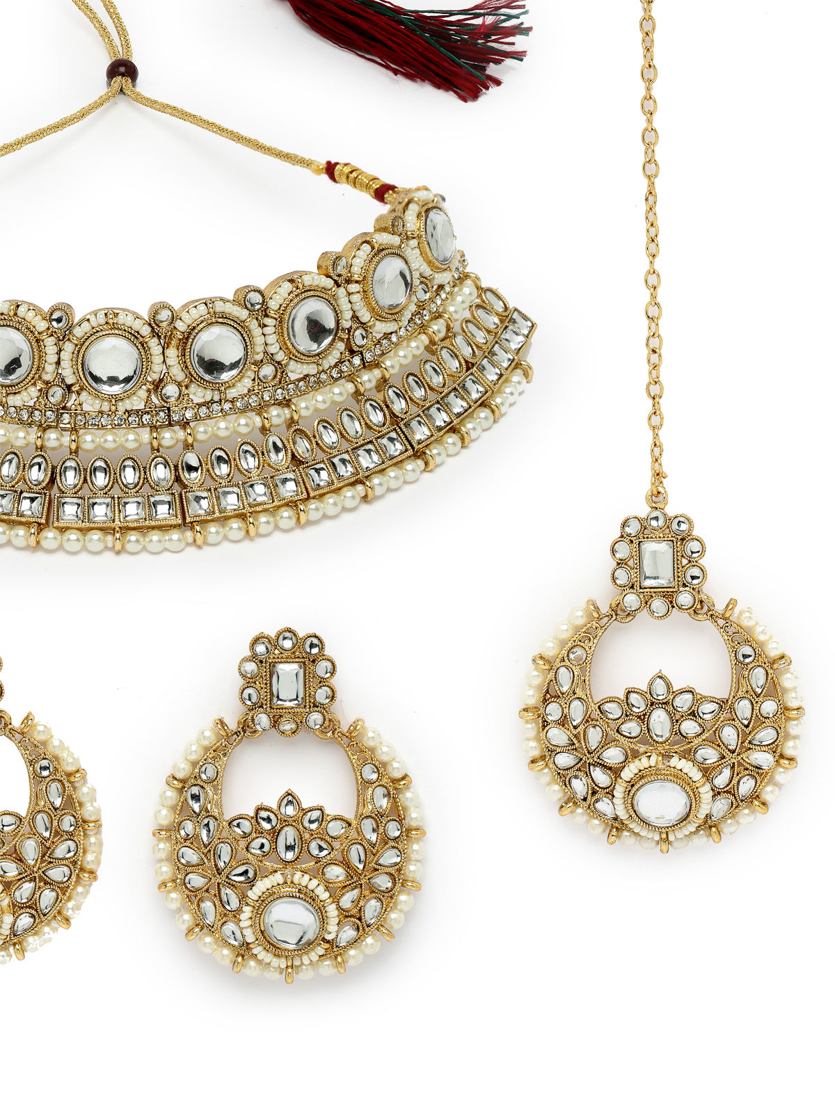 Sukkhi Fashion-Forward Gold Plated White Kundan & Beads Choker Necklace Set With Earring And Maangtika | Jewellery Set For Women (NS105627)