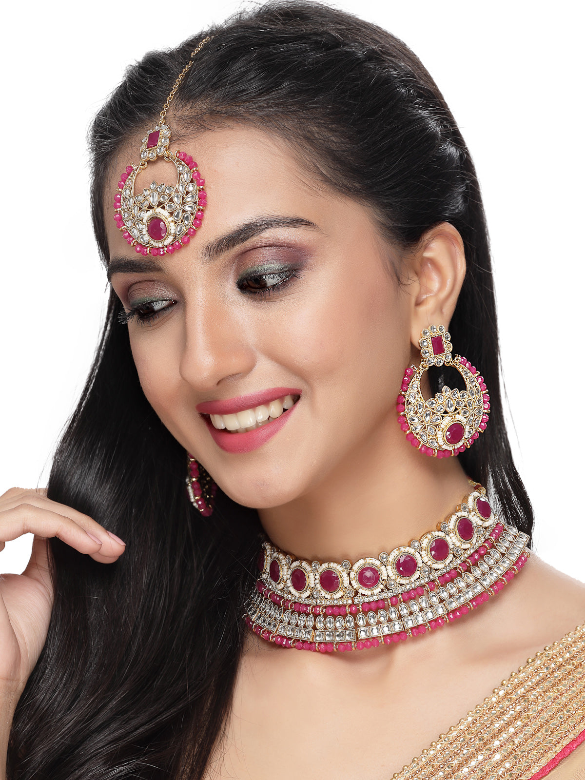 Sukkhi Fashion-Forward Gold Plated Rani Pink Kundan & Beads Choker Necklace Set With Earring And Maangtika | Jewellery Set For Women (NS105628)