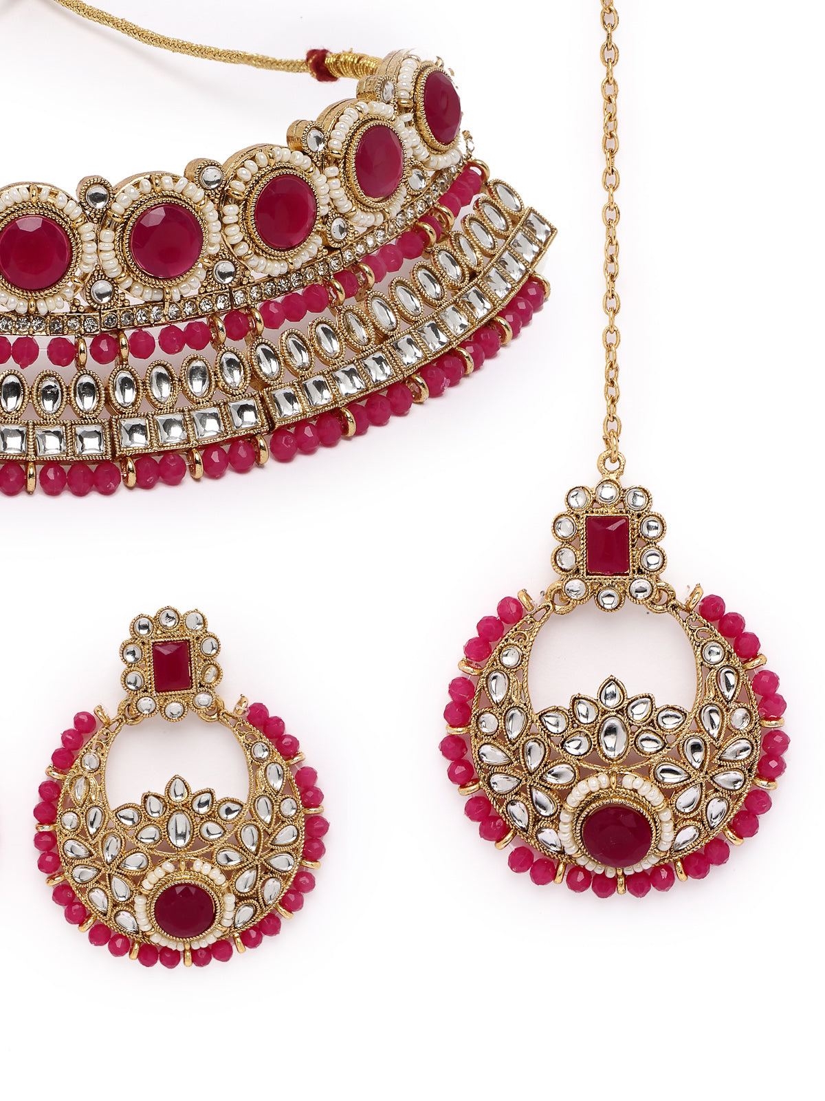 Sukkhi Fashion-Forward Gold Plated Rani Pink Kundan & Beads Choker Necklace Set With Earring And Maangtika | Jewellery Set For Women (NS105628)