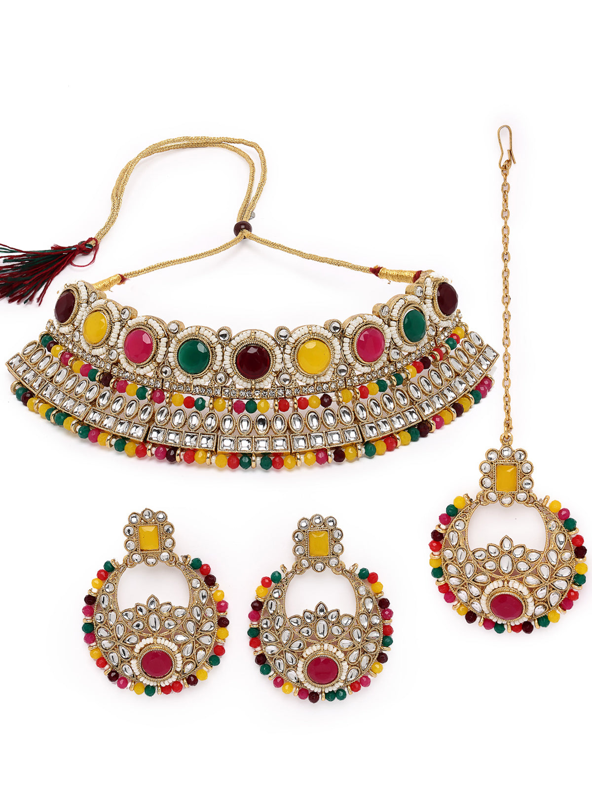 Sukkhi Fashion-Forward Gold Plated Multi Kundan & Beads Choker Necklace Set With Earring And Maangtika | Jewellery Set For Women (NS105629)