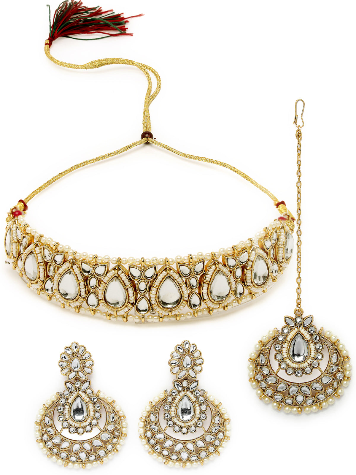 Sukkhi Incredible Drop Shaped White Kundan & Beads Choker Necklace Set With Earring And Maangtika | Jewellery Set For Women (NS105630)
