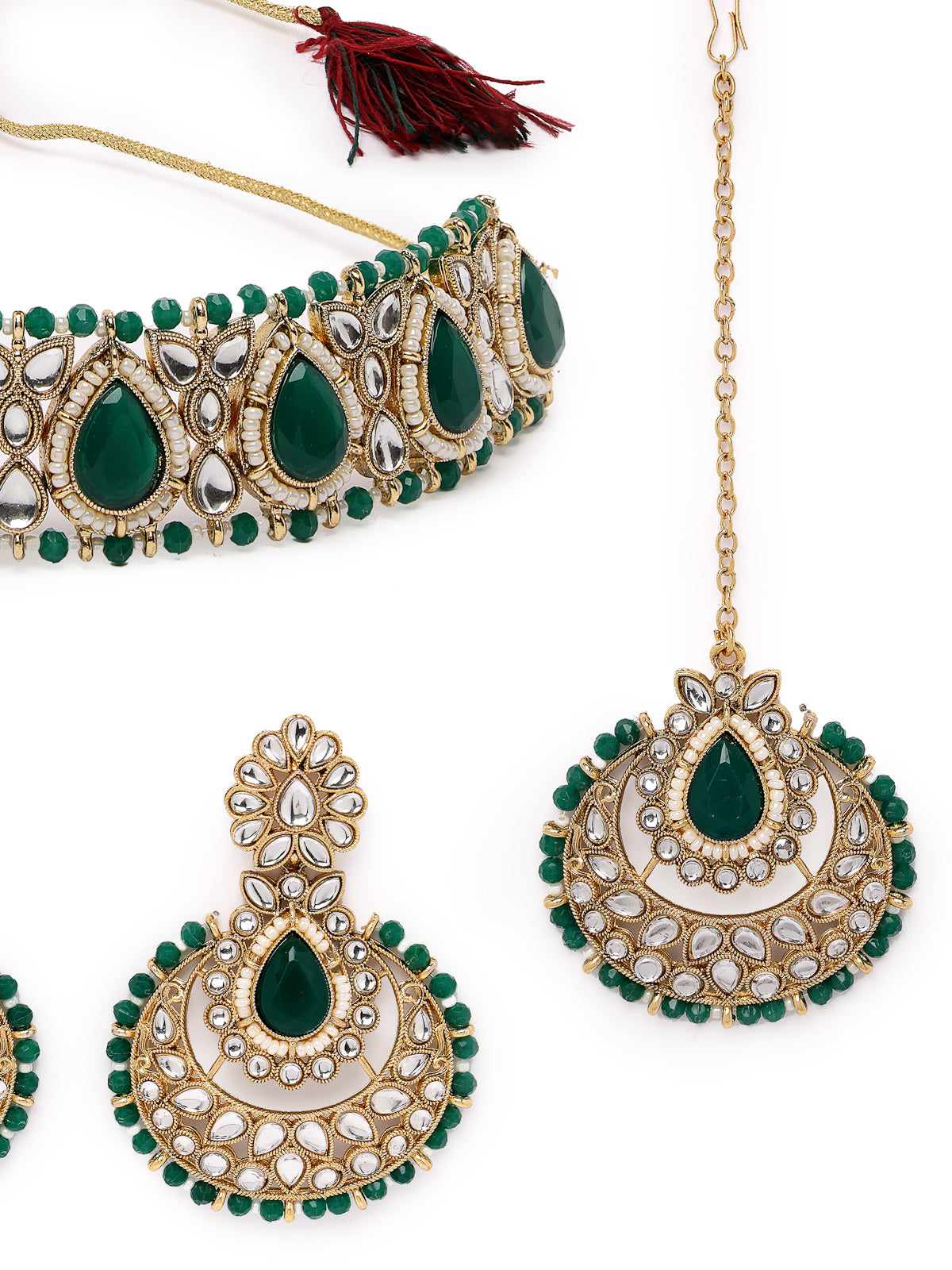 Sukkhi Incredible Drop Shaped Green Kundan & Beads Choker Necklace Set With Earring And Maangtika | Jewellery Set For Women (NS105631)