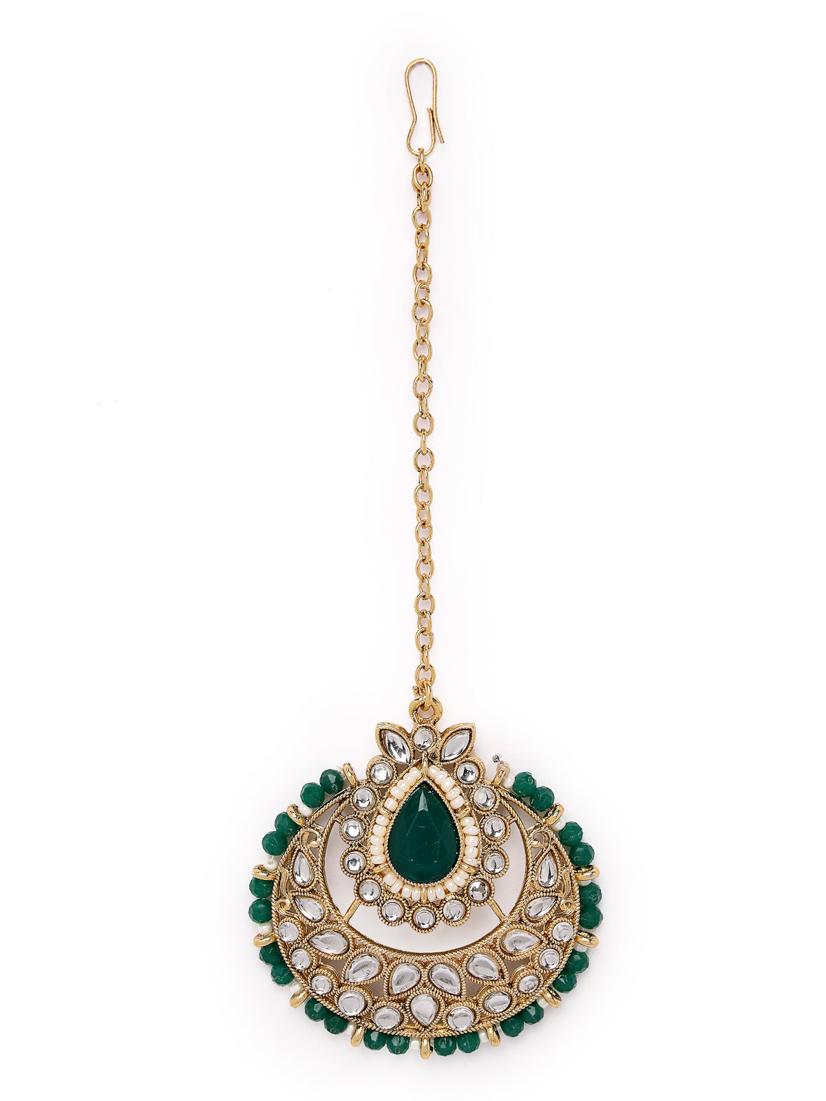 Sukkhi Incredible Drop Shaped Green Kundan & Beads Choker Necklace Set With Earring And Maangtika | Jewellery Set For Women (NS105631)