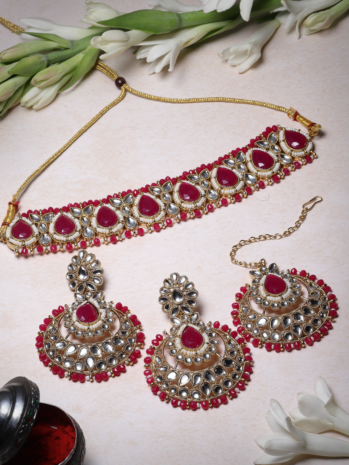 Sukkhi Incredible Drop Shaped Rani Pink Kundan & Beads Choker Necklace Set With Earring And Maangtika | Jewellery Set For Women (NS105633)