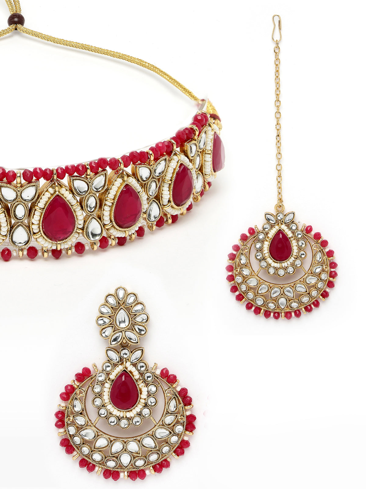 Sukkhi Incredible Drop Shaped Rani Pink Kundan & Beads Choker Necklace Set With Earring And Maangtika | Jewellery Set For Women (NS105633)