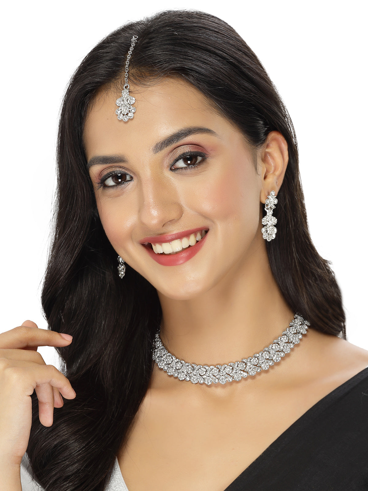 Sukkhi Excellent Rhodium Plated Silver AD White Stone Collar Bone Necklace Set With Earring And Maangtika | Jewellery Set For Women (NS105634)