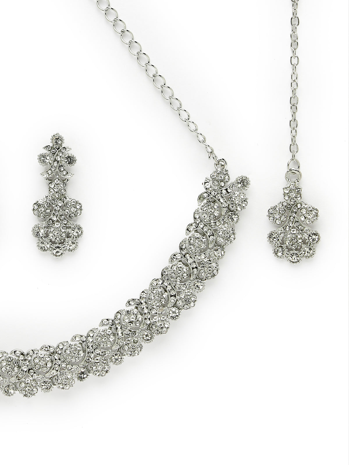 Sukkhi Excellent Rhodium Plated Silver AD White Stone Collar Bone Necklace Set With Earring And Maangtika | Jewellery Set For Women (NS105634)