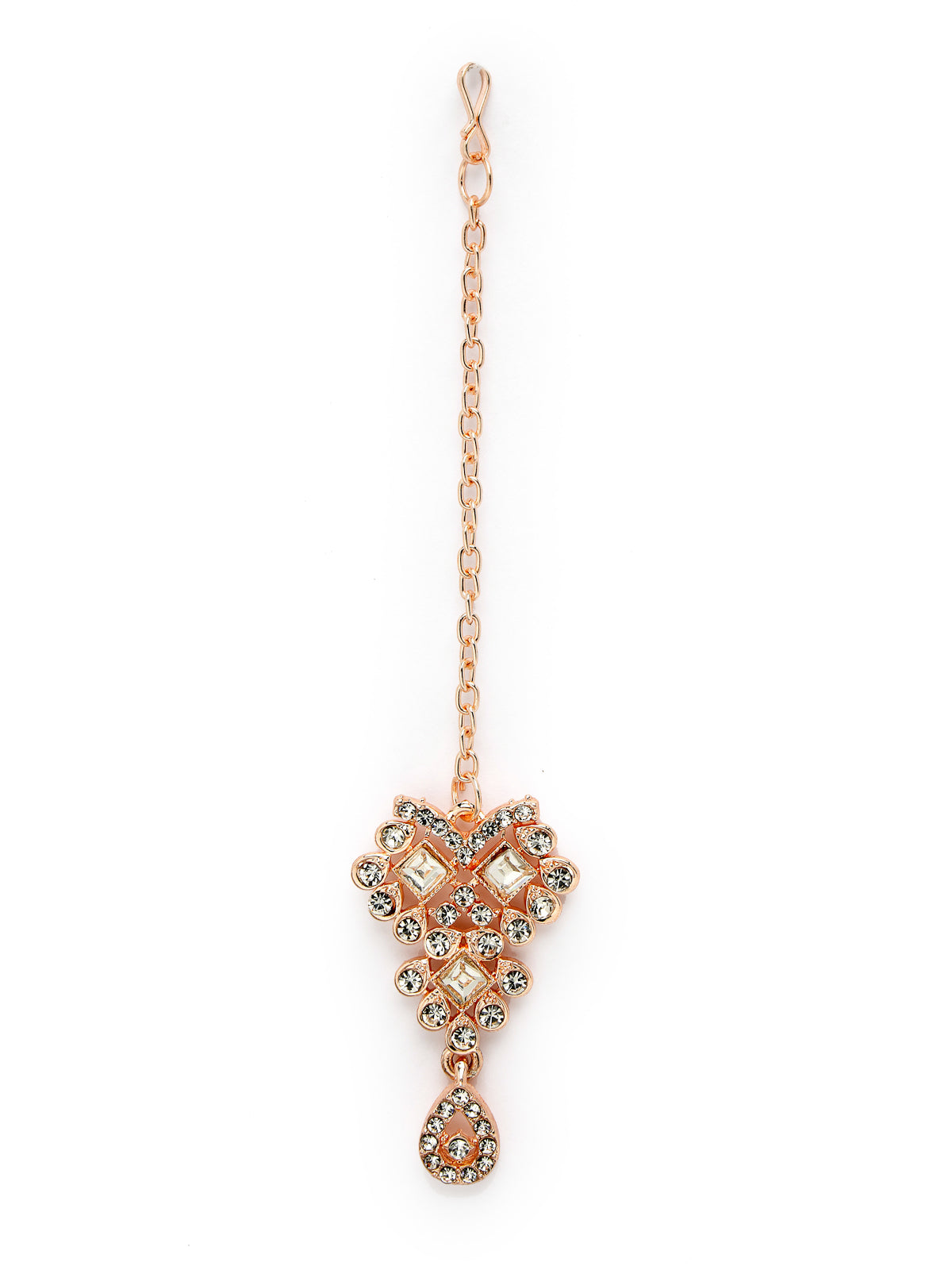 Sukkhi Untamed Rose Gold Plated AD White Stone Collar Bone Necklace Set With Earring And Maangtika | Jewellery Set For Women (NS105635)