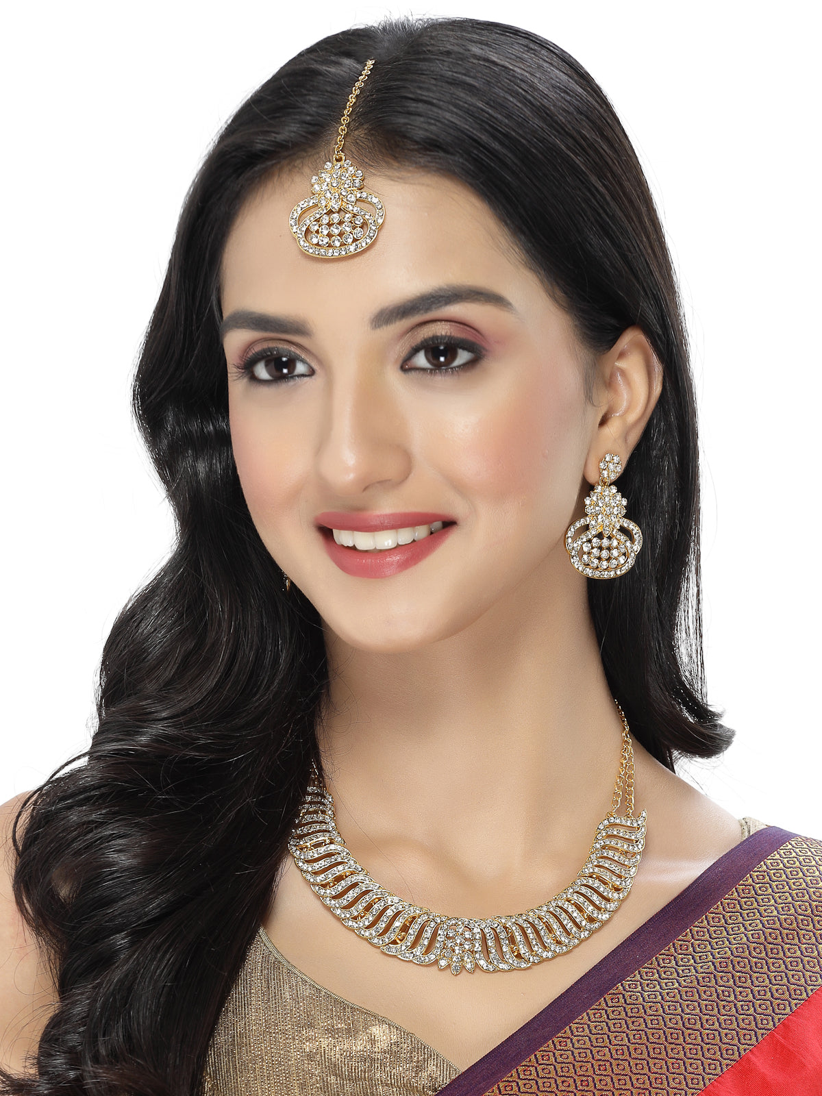 Sukkhi Soothing Gold Plated AD White Stone Collar Bone Necklace Set With Earring And Maangtika | Jewellery Set For Women (NS105636)