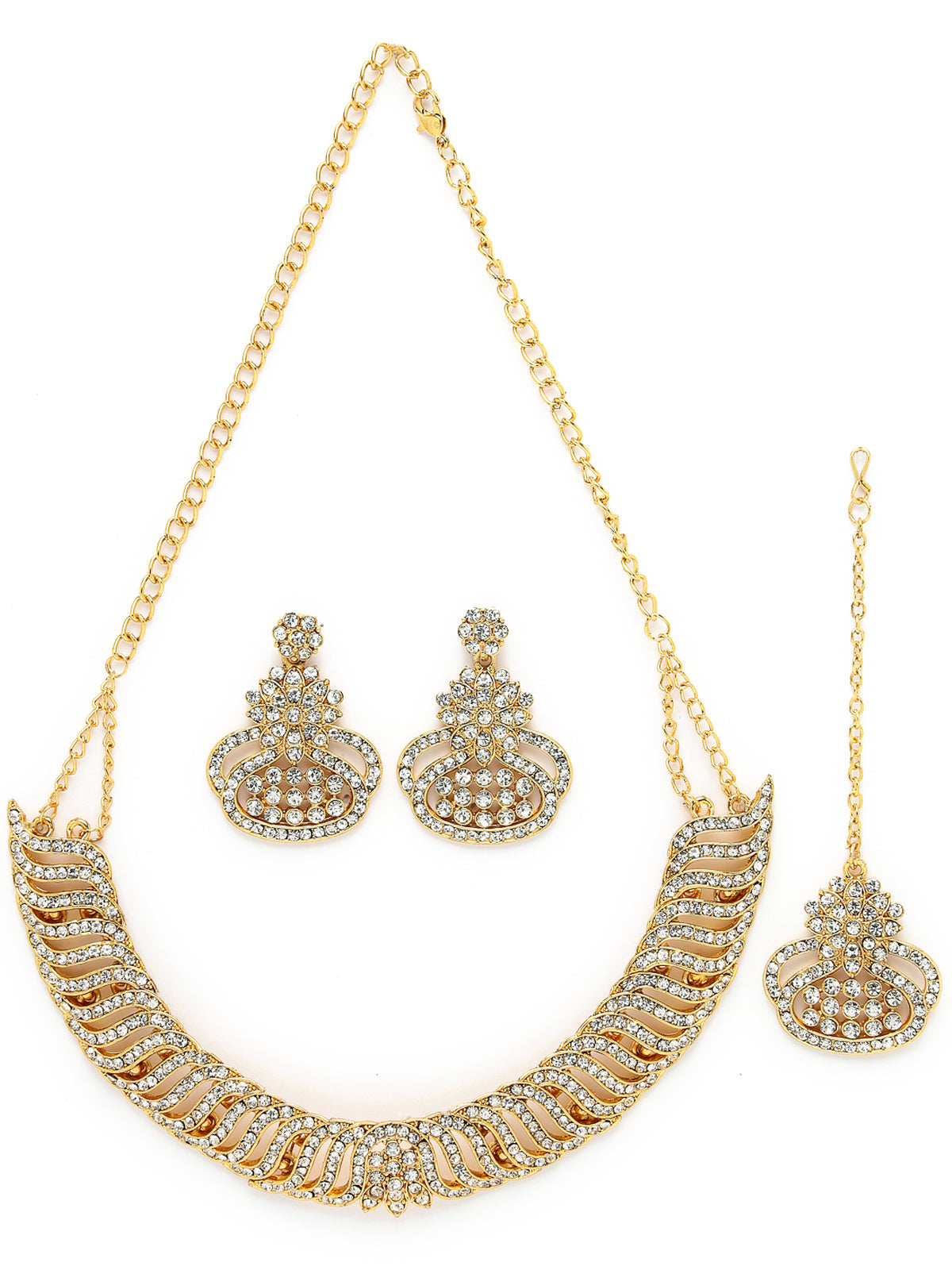 Sukkhi Soothing Gold Plated AD White Stone Collar Bone Necklace Set With Earring And Maangtika | Jewellery Set For Women (NS105636)