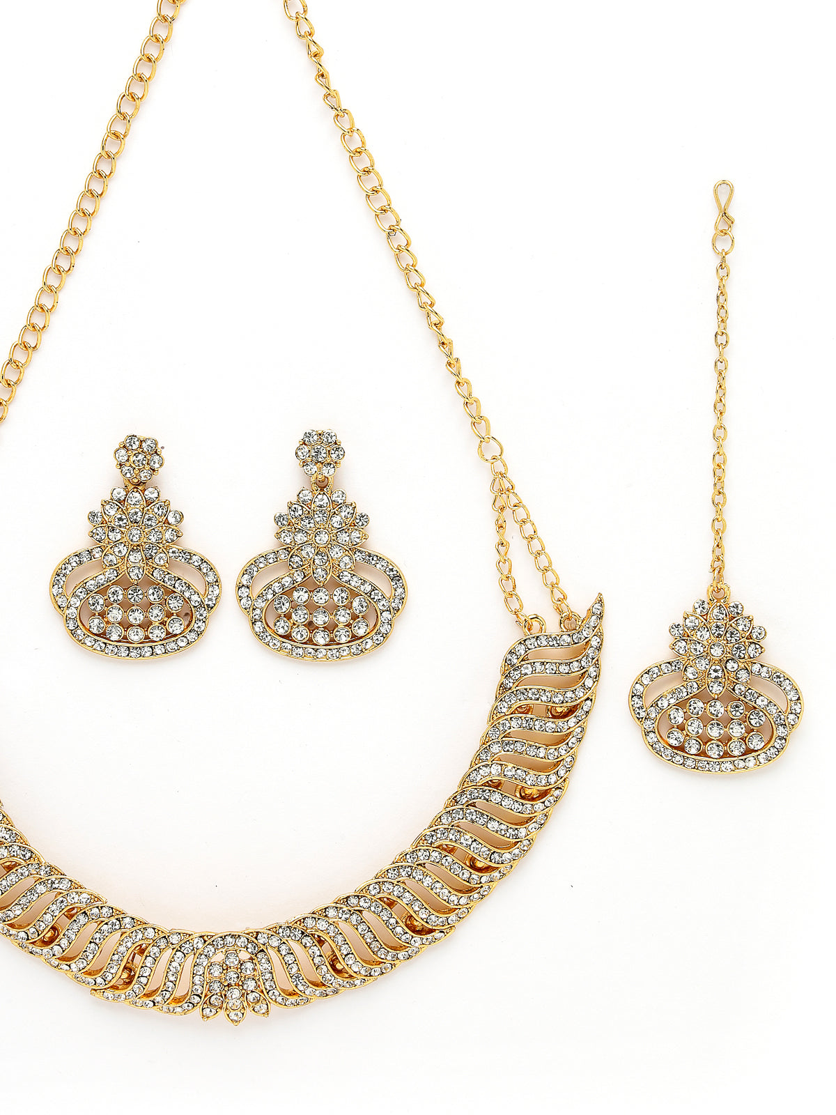 Sukkhi Soothing Gold Plated AD White Stone Collar Bone Necklace Set With Earring And Maangtika | Jewellery Set For Women (NS105636)