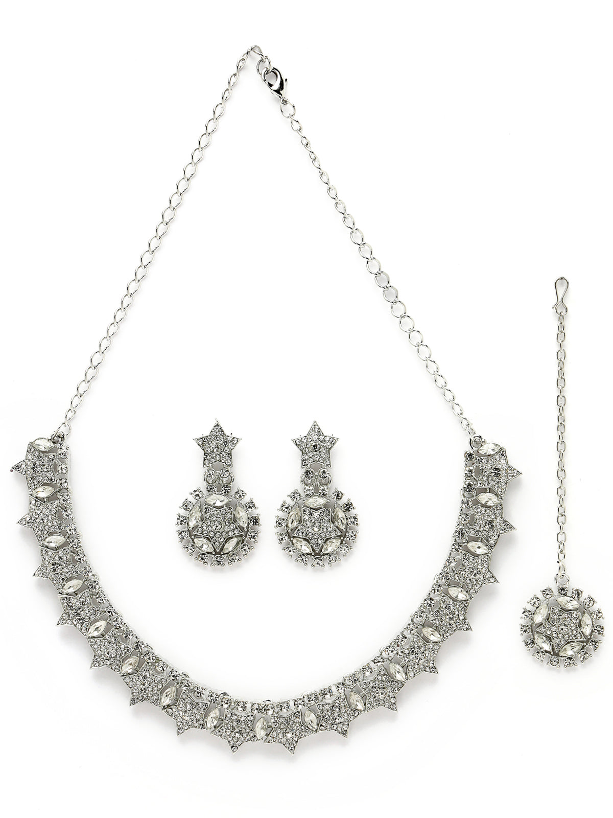 Sukkhi Exquitely Rhodium Plated Silver AD White Stone Collar Bone Necklace Set With Earring And Maangtika | Jewellery Set For Women (NS105637)