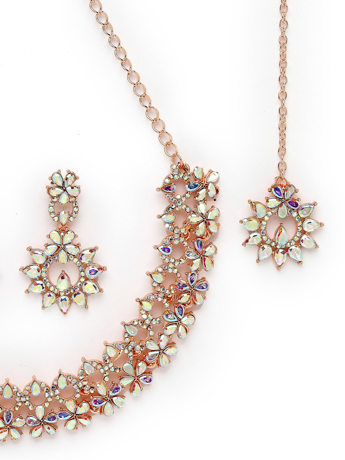 Sukkhi Innovative Rose Gold Plated Rainbow Stone Collar Bone Necklace Set With Earring And Maangtika | Jewellery Set For Women (NS105638)