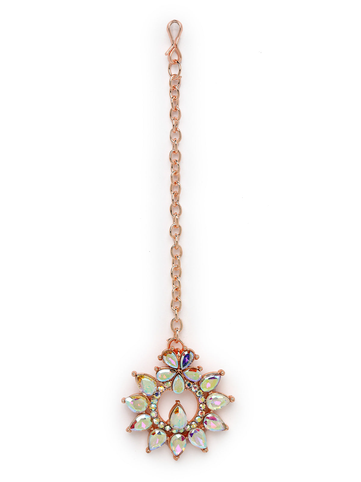Sukkhi Innovative Rose Gold Plated Rainbow Stone Collar Bone Necklace Set With Earring And Maangtika | Jewellery Set For Women (NS105638)