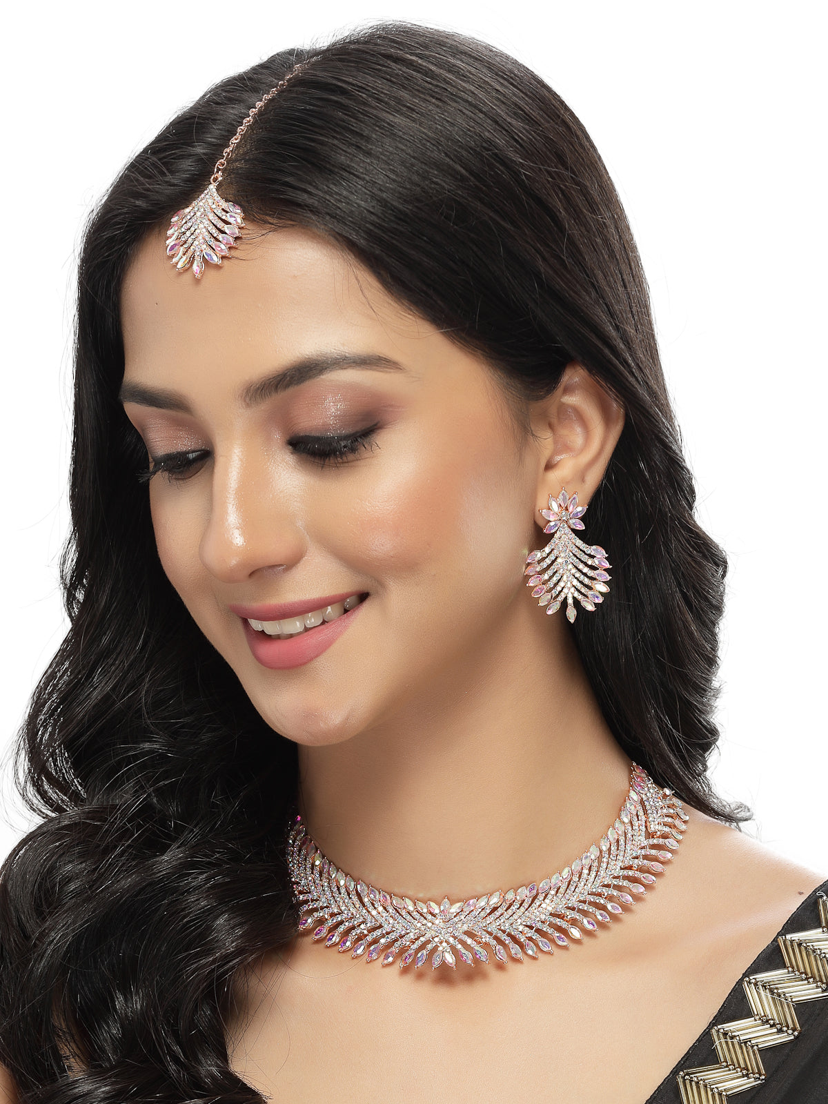 Sukkhi Graceful Rose Gold Plated Rainbow Collar Bone Necklace Set With Earring And Maangtika | Jewellery Set For Women (NS105639)