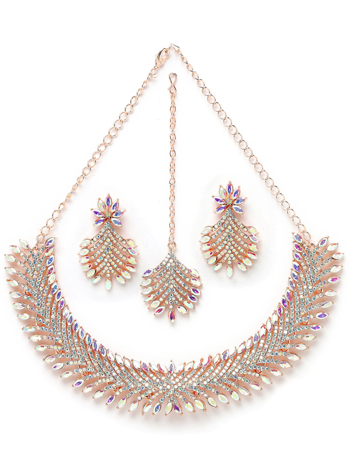 Sukkhi Graceful Rose Gold Plated Rainbow Collar Bone Necklace Set With Earring And Maangtika | Jewellery Set For Women (NS105639)