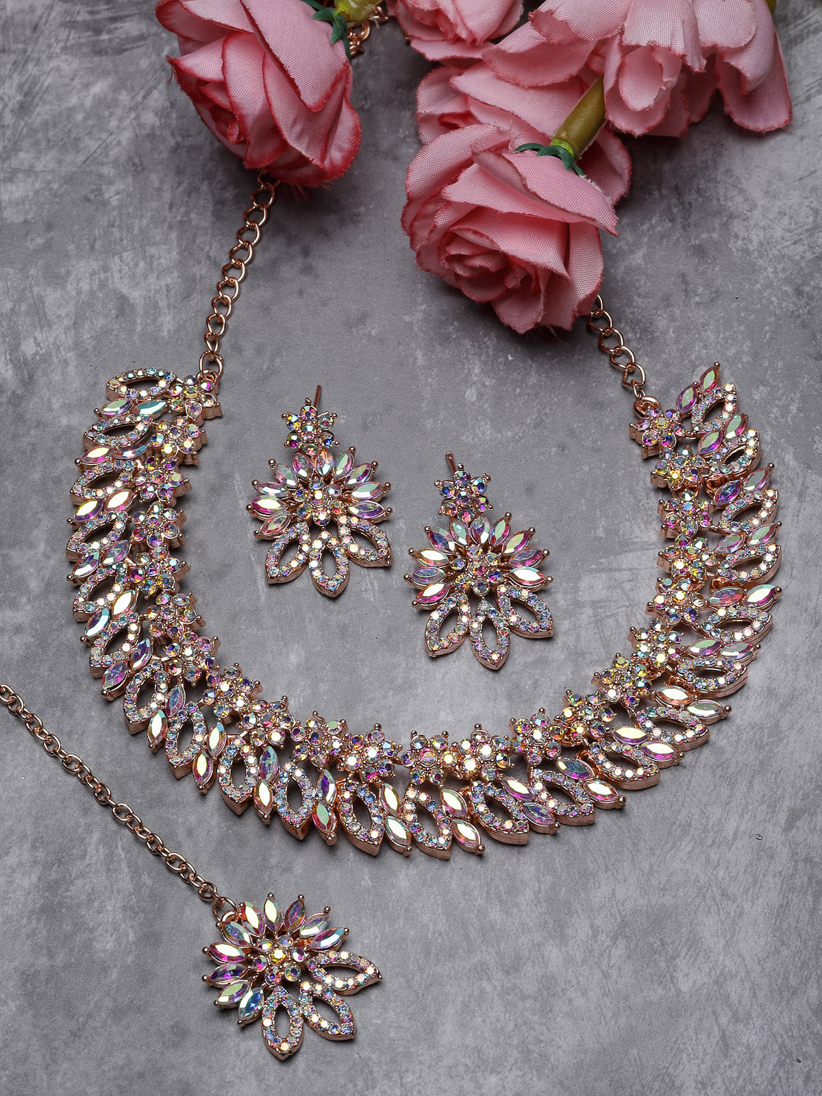Sukkhi Floral Rose Gold Plated Rainbow Stones Collar Bone Necklace Set With Earring And Maangtika | Jewellery Set For Women (NS105641)