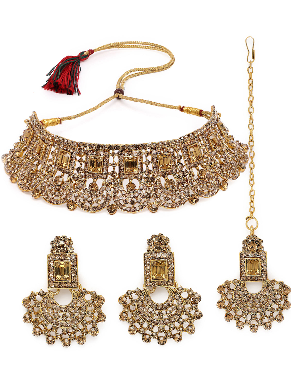 Sukkhi Graceful Curve Shaped Gold Plated Golden AD Stone Choker Necklace Set With Earring And Maangtika | Jewellery Set For Women (NS105644)