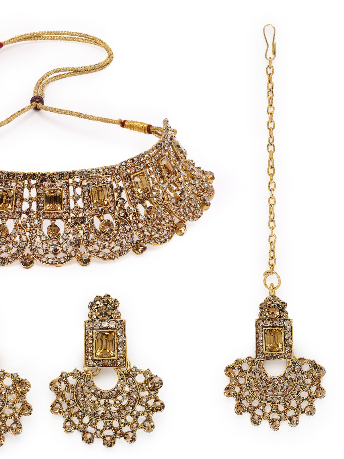 Sukkhi Graceful Curve Shaped Gold Plated Golden AD Stone Choker Necklace Set With Earring And Maangtika | Jewellery Set For Women (NS105644)