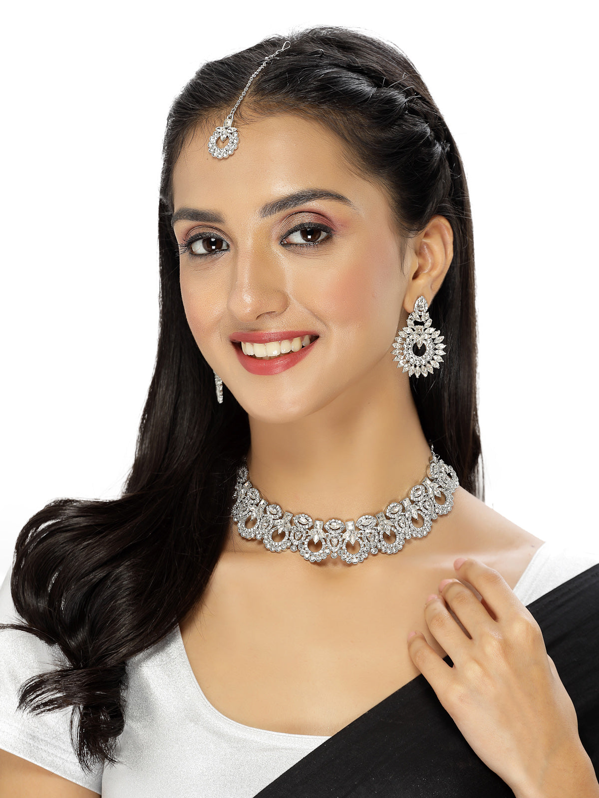 Sukkhi Classic Style Rhodium Plated Silver AD White Stones Collar Bone Necklace Set With Earring And Maangtika | Jewellery Set For Women (NS105645)