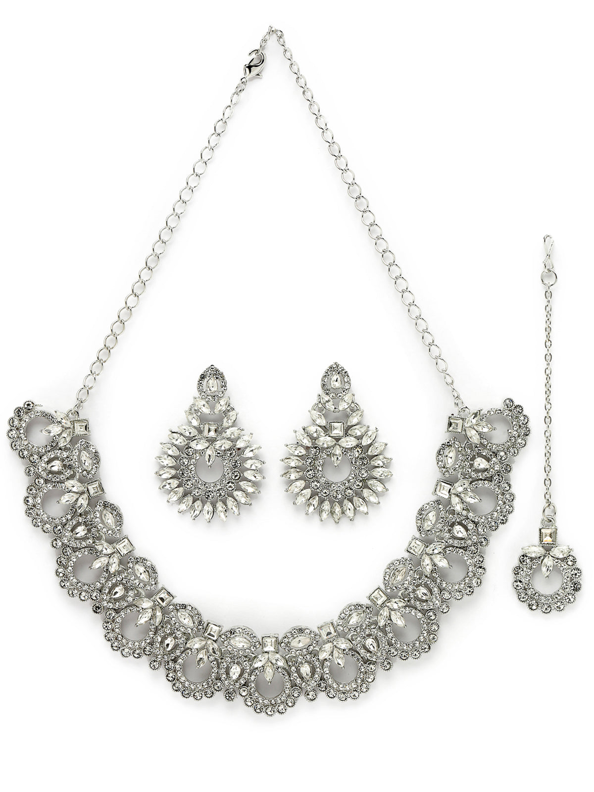 Sukkhi Classic Style Rhodium Plated Silver AD White Stones Collar Bone Necklace Set With Earring And Maangtika | Jewellery Set For Women (NS105645)