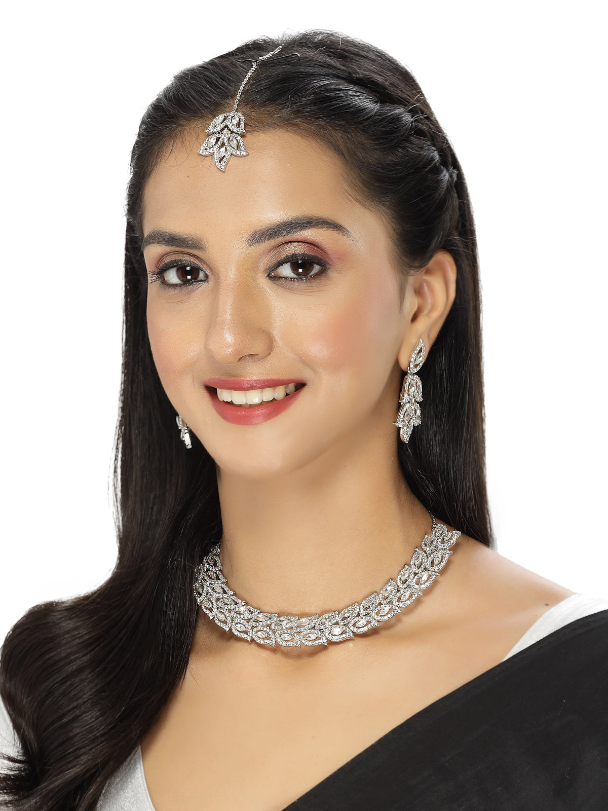 Sukkhi Fusion Rhodium Plated Silver AD White Stone Collar Bone Necklace Set With Earring And Maangtika | Jewellery Set For Women (NS105646)