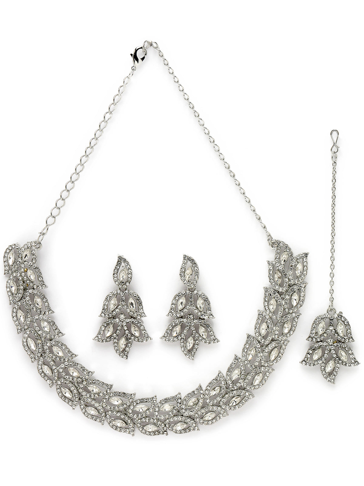 Sukkhi Fusion Rhodium Plated Silver AD White Stone Collar Bone Necklace Set With Earring And Maangtika | Jewellery Set For Women (NS105646)