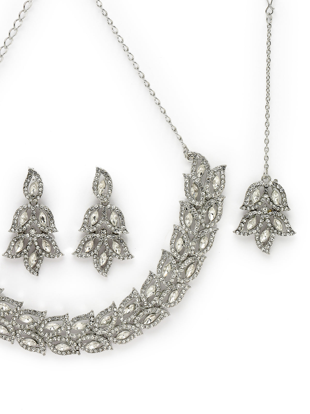 Sukkhi Fusion Rhodium Plated Silver AD White Stone Collar Bone Necklace Set With Earring And Maangtika | Jewellery Set For Women (NS105646)