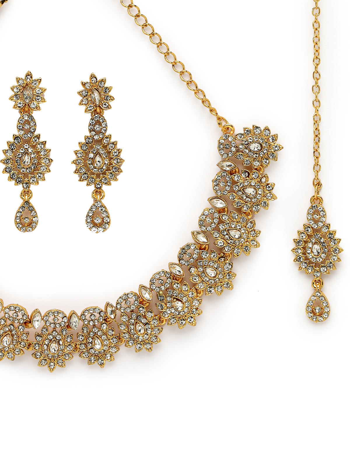 Sukkhi Eye-Catching Gold Plated AD Stone Collar Bone Necklace Set With Earring And Maangtika | Jewellery Set For Women (NS105647)