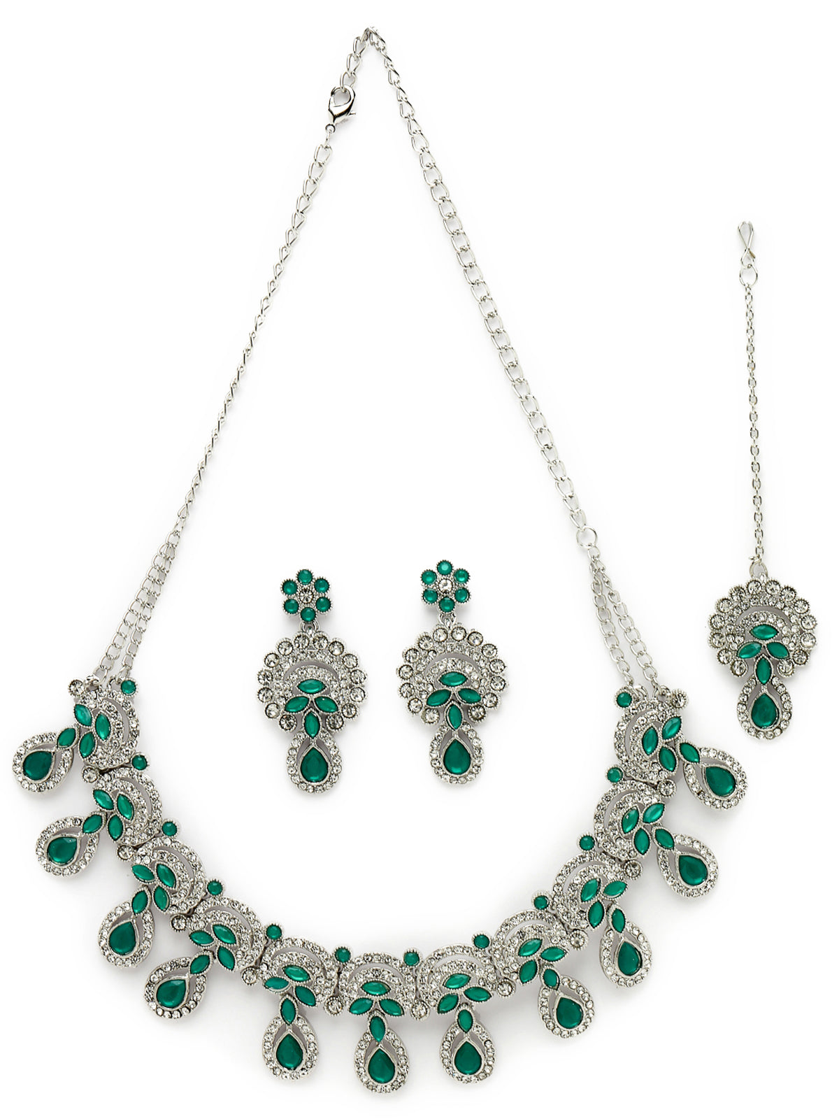 Sukkhi Alluring Traditional Rhodium Plated Green AD Stone Collar Bone Necklace Set With Earring And Maangtika | Jewellery Set For Women (NS105648)