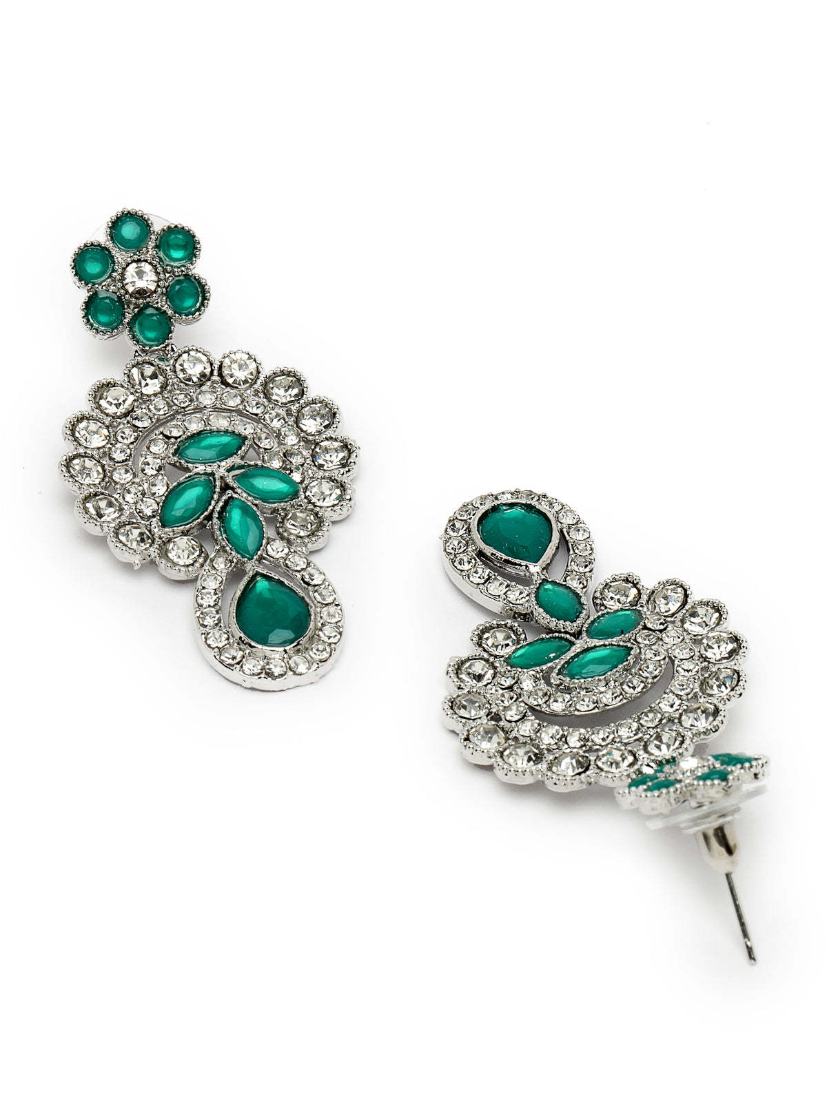 Sukkhi Alluring Traditional Rhodium Plated Green AD Stone Collar Bone Necklace Set With Earring And Maangtika | Jewellery Set For Women (NS105648)