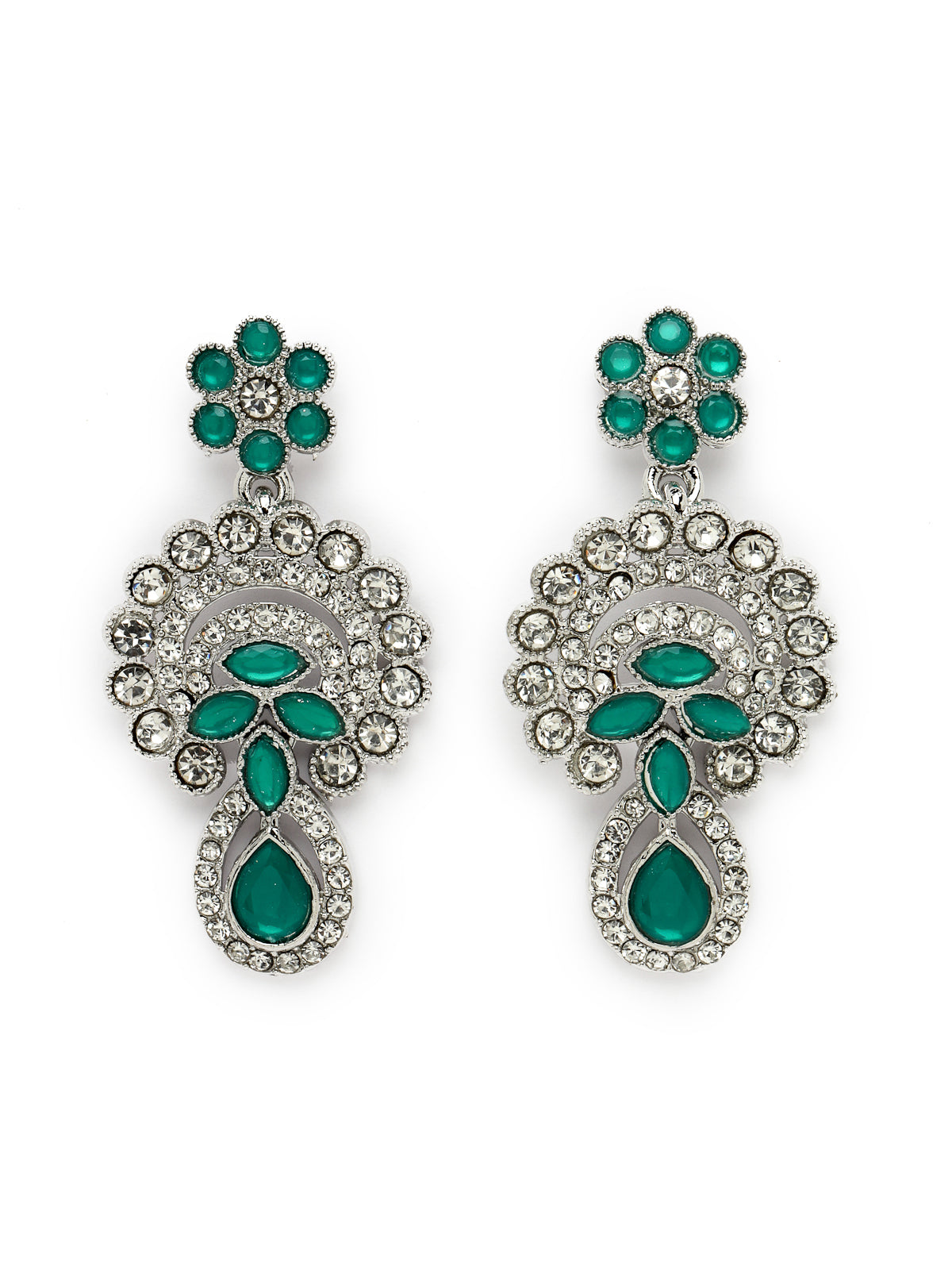 Sukkhi Alluring Traditional Rhodium Plated Green AD Stone Collar Bone Necklace Set With Earring And Maangtika | Jewellery Set For Women (NS105648)