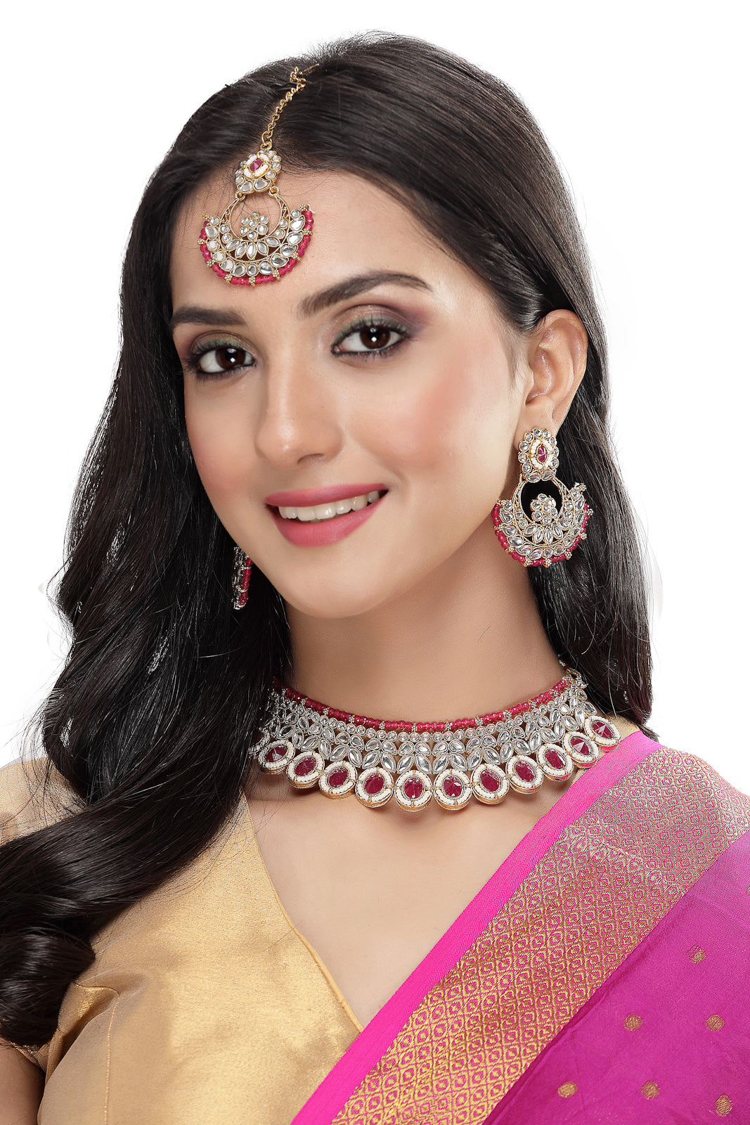 Sukkhi Sophisticated Traditional Looked Rani Pink Stone Choker Necklace Set With Chandbali Earring And Mangtikka | Jewellery For Women (NS105649)