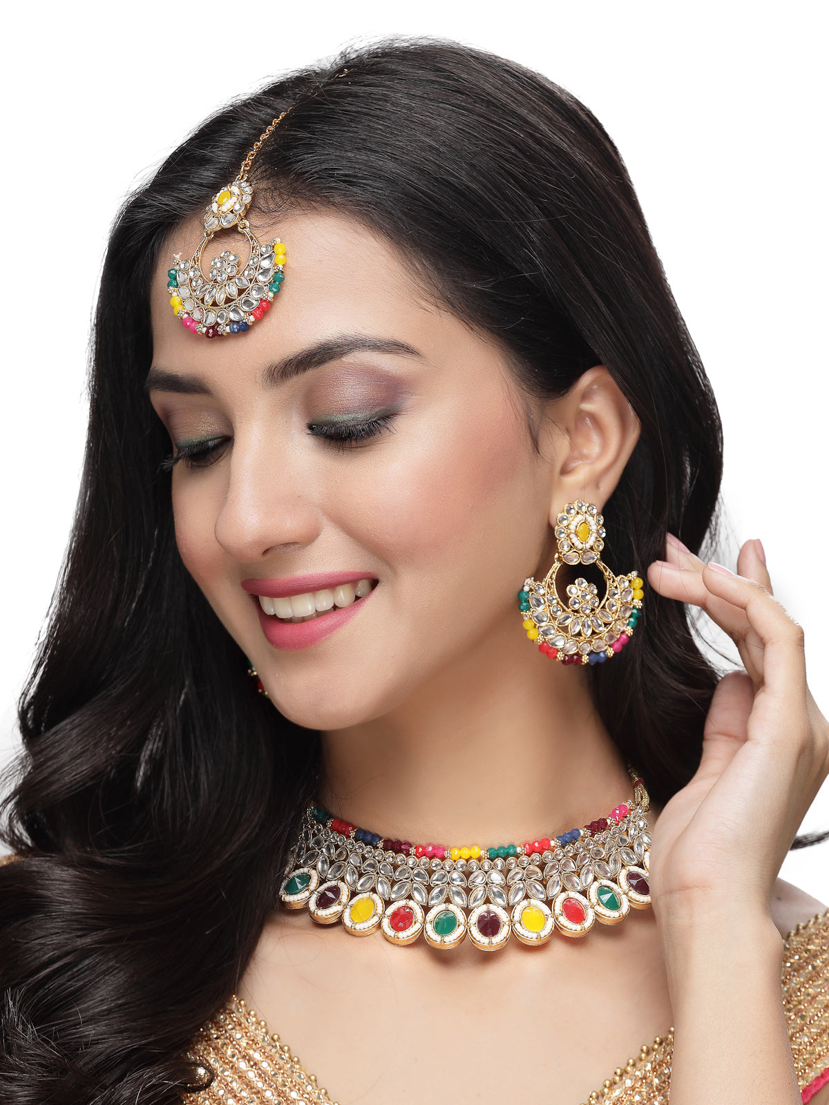 Sukkhi Sophisticated Traditional Looked Multicolor Stone Choker Necklace Set With Chandbali Earring And Mangtikka | Jewellery For Women (NS105650)