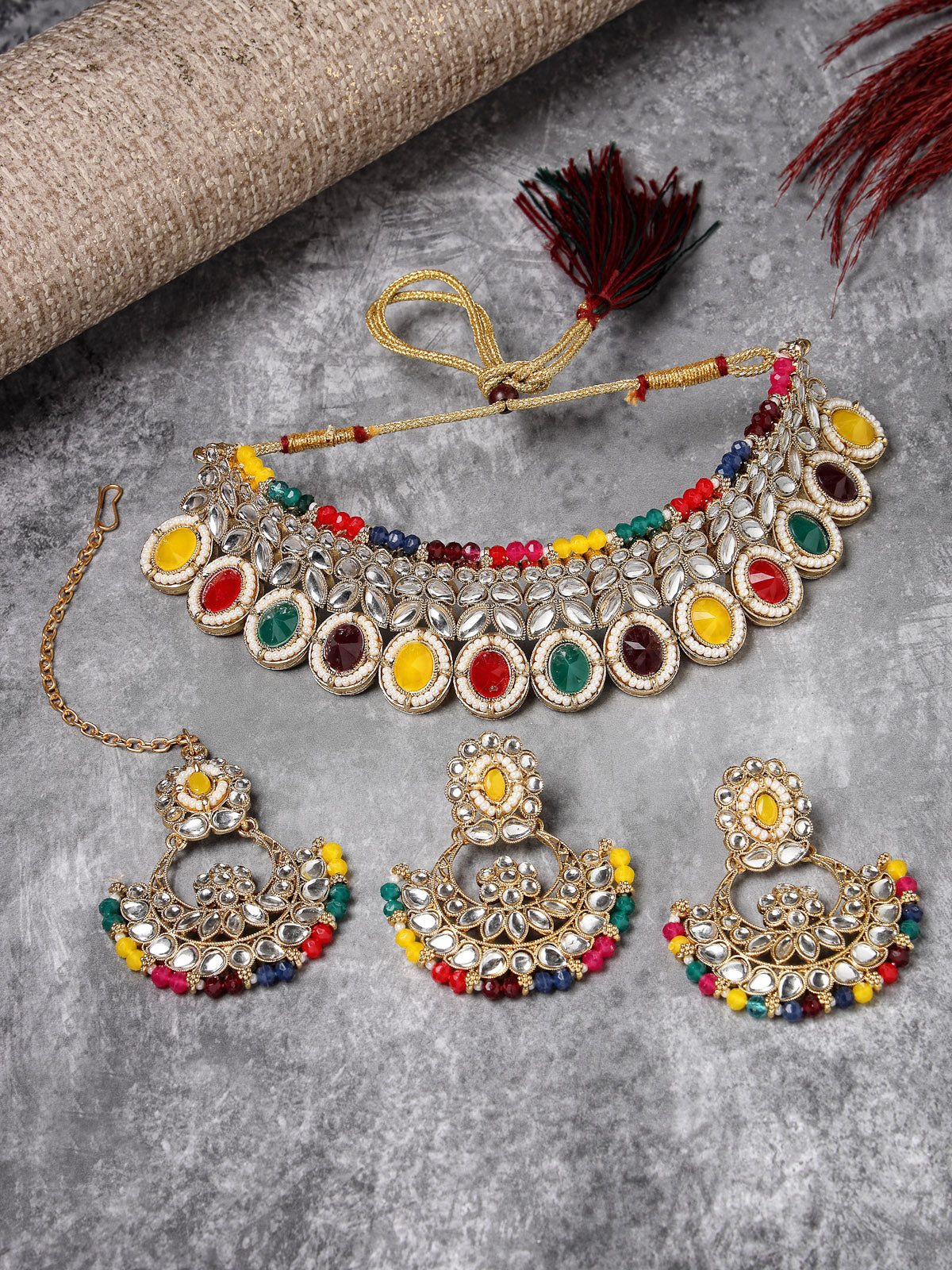 Sukkhi Sophisticated Traditional Looked Multicolor Stone Choker Necklace Set With Chandbali Earring And Mangtikka | Jewellery For Women (NS105650)